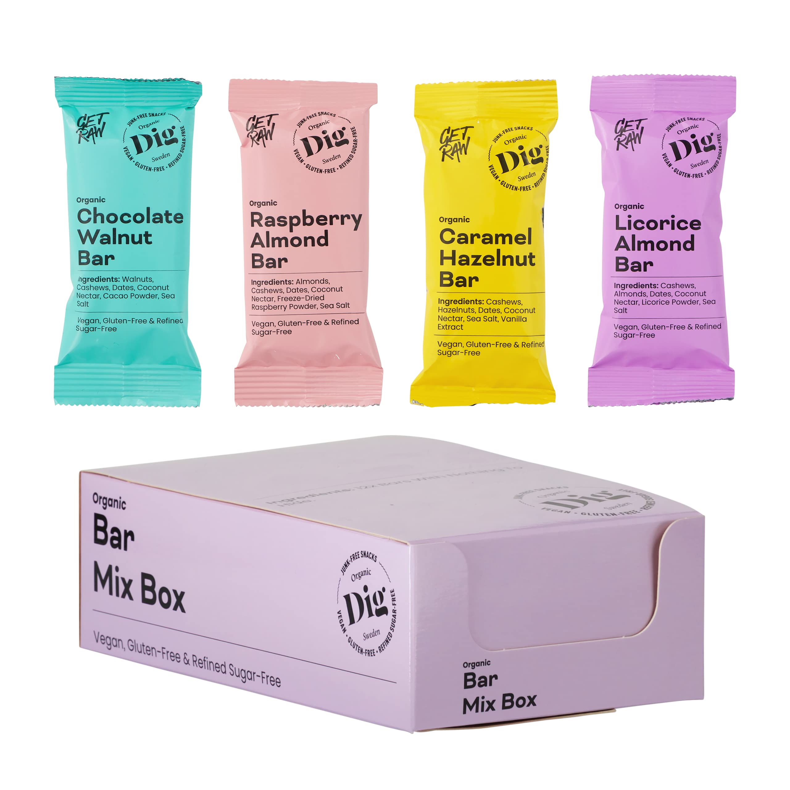 Dig/Get Raw - Bar/Riegel Mix Box - Snacks aus biologischen, natürlichen Zutaten - Vegan, glutenfrei und raffiniert, zuckerfrei (12x42g) - Ein toller Snack für Partys, Firmen, Tagungsräume