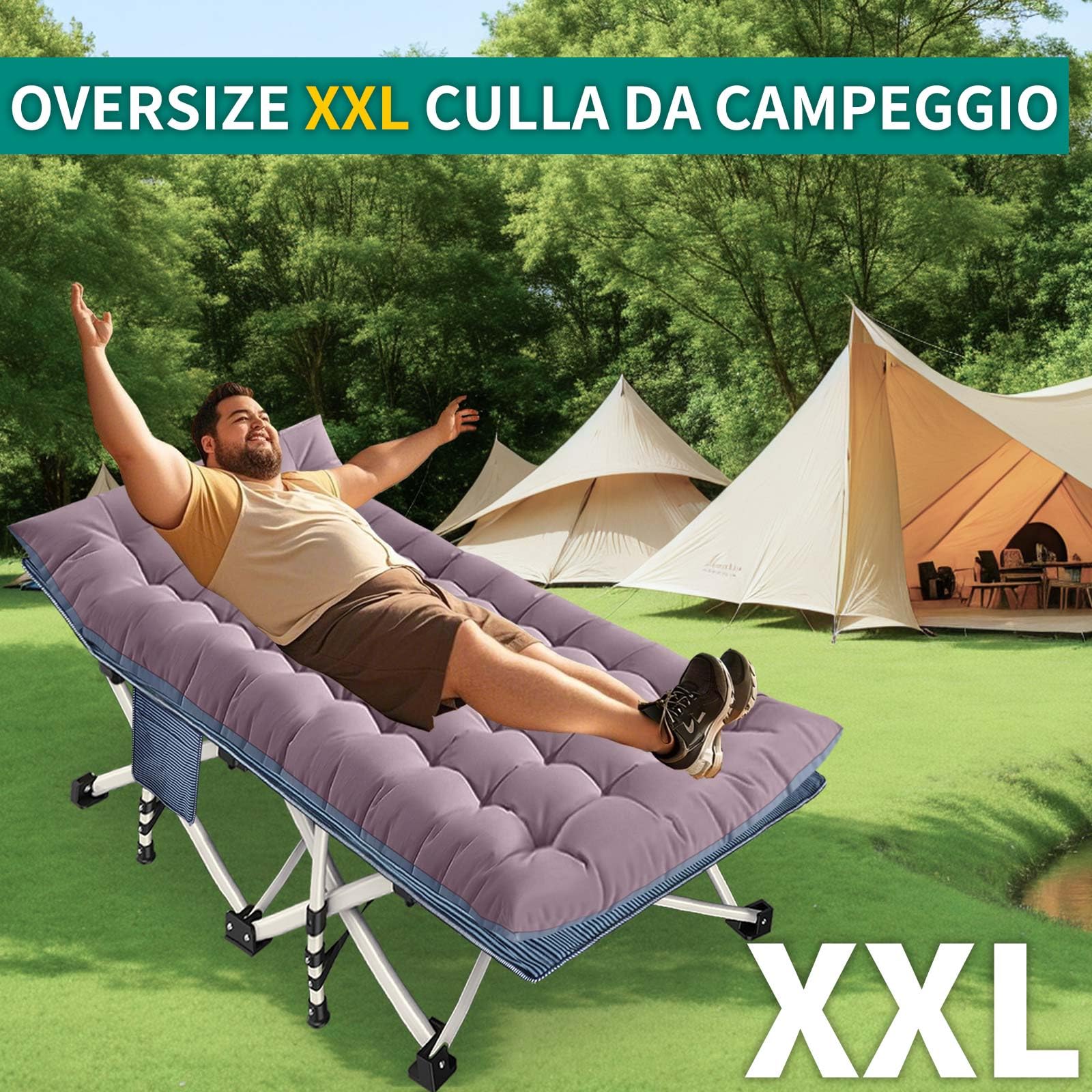 Letto da campo XXL pieghevole, extra largo 81 cm, con materasso, per adulti, letto da campeggio, capacità di carico 250 kg, letto pieghevole con tasca laterale, lettino da campeggio portatile, per