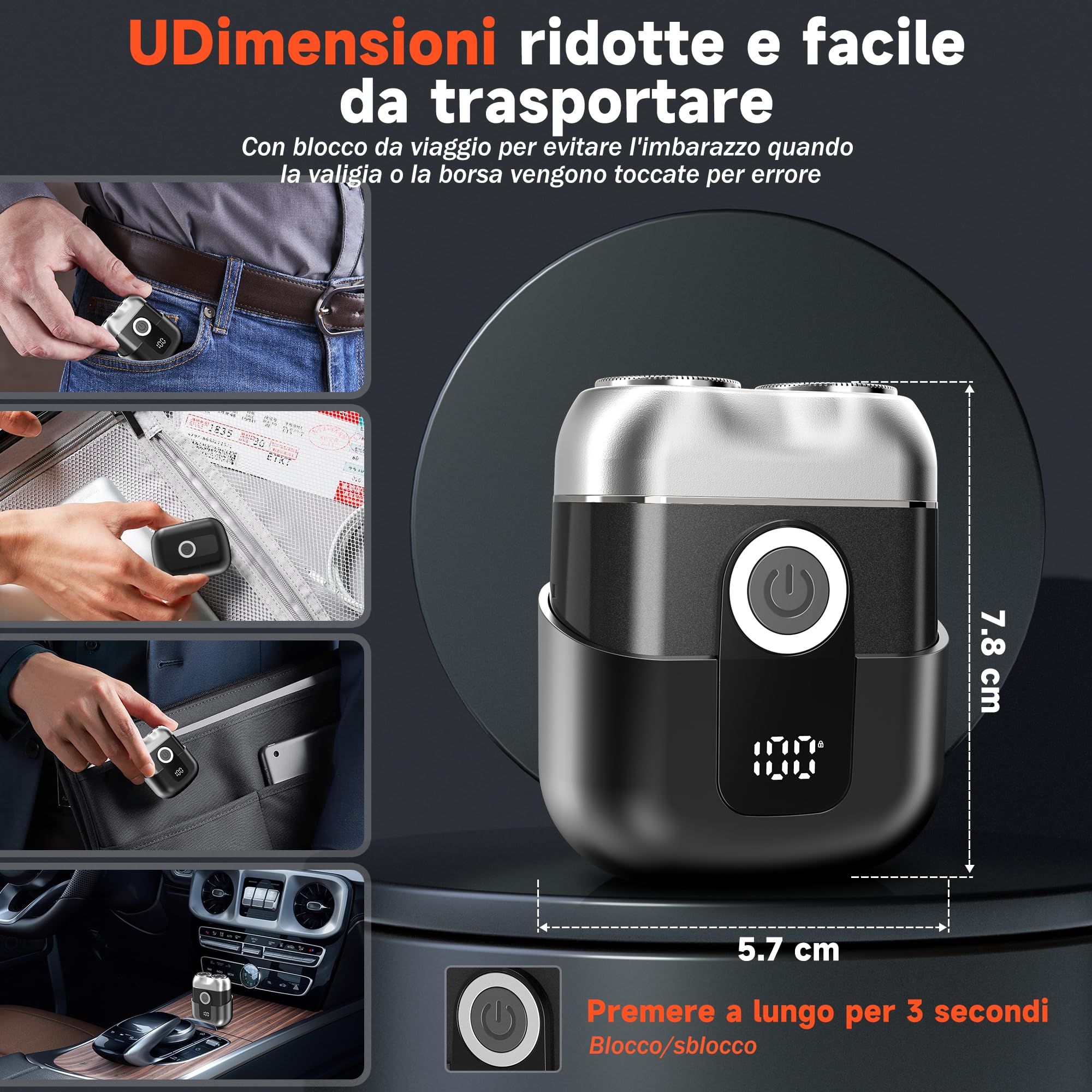 Mini Rasoio Elettrico Barba con Display LED, Rasoio Elettrico Uomo Impermeabile IPX6, Portatile Silenzioso e Lavabile, Grigio