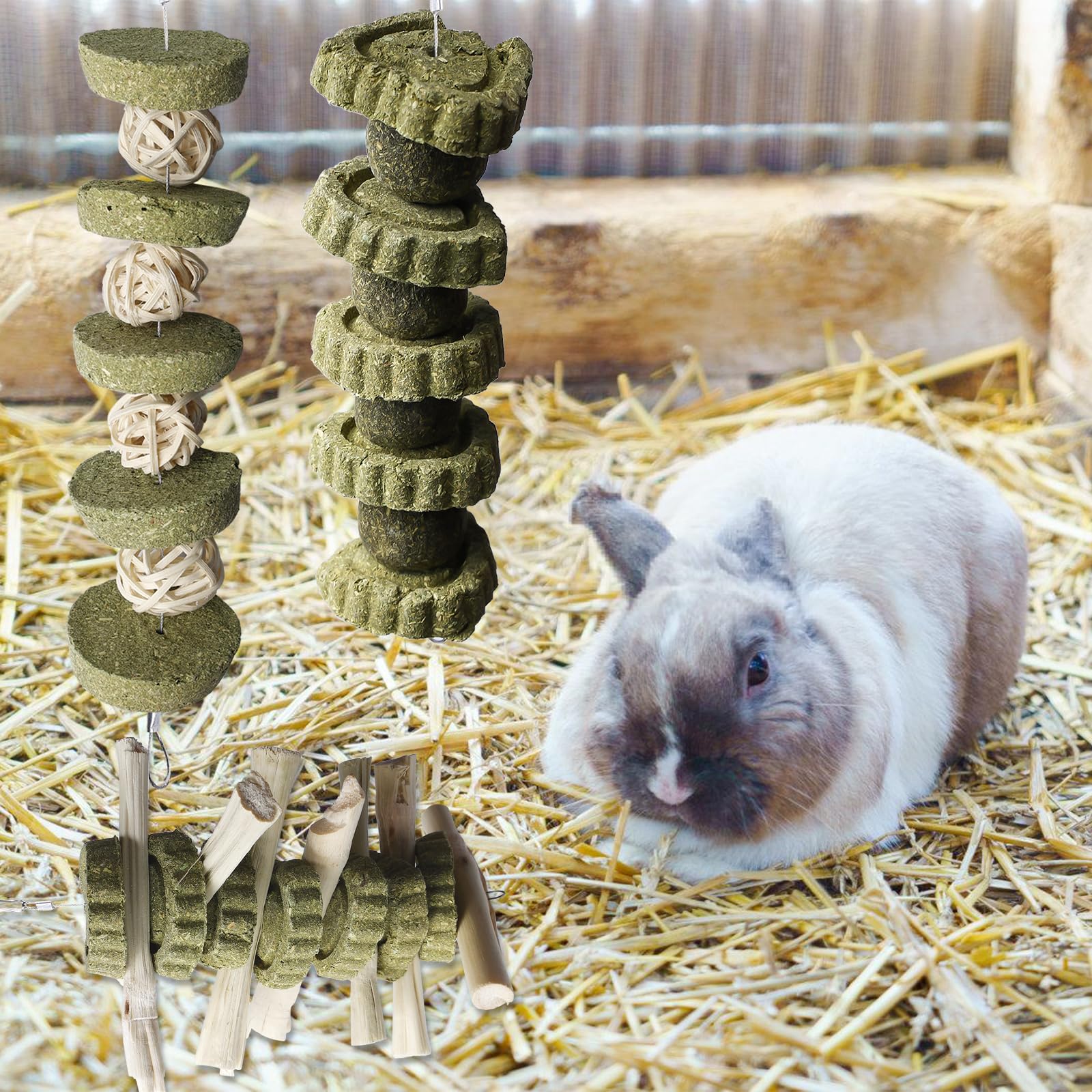 3PCS Bunny Chew Toys, Rabbits Cage Hanging Chew Toys and Treats, Apple Wood Sticks Natural Grass Cake, Teeth Grinding Toy for Bunny Hamster Parrot Chinchillas Guinea Pig Gerbils Rats Chewing Playing - Image 3