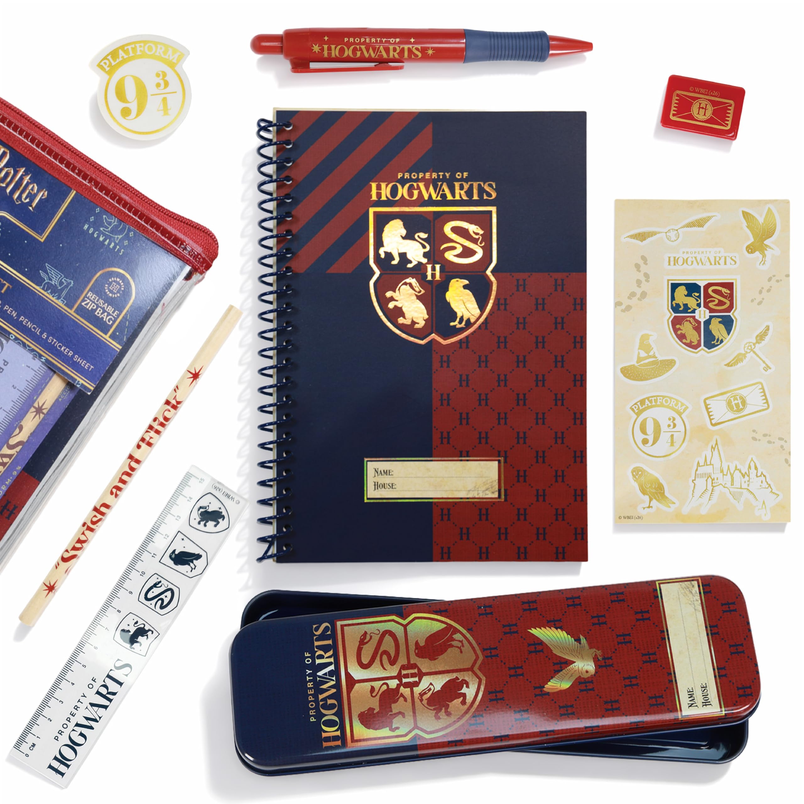 Official Harry Potter Stationery Set - Property of Hogwarts Bumper Gift Set with A5 Notebook, Tin Pencil Case, Pen, Stickers & School Supplies - Black Ink - Back to School Stationery for Kids