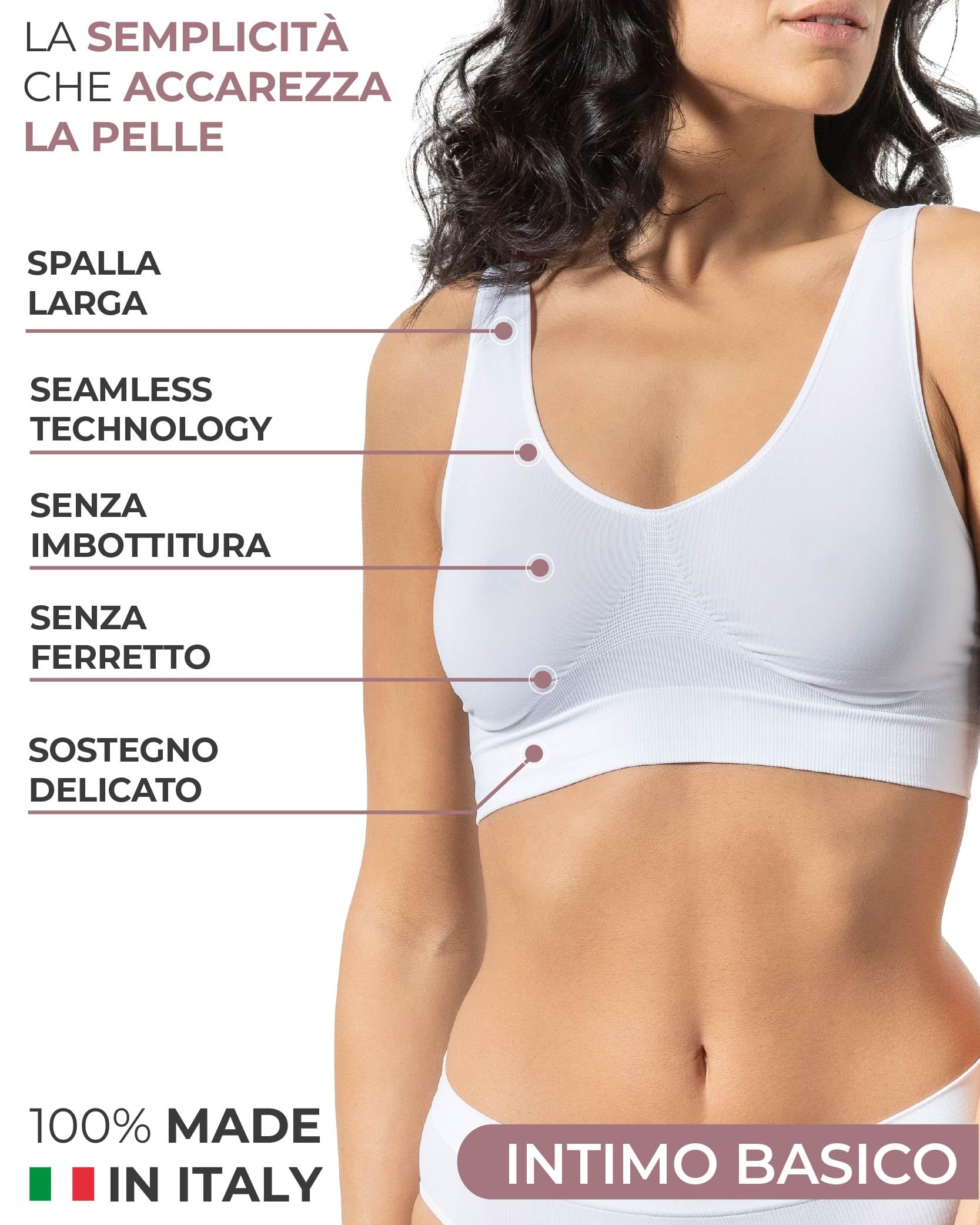 Risalti Reggiseno Senza Ferretto Spalla Larga 3 pz - Bralette Donna Senza Cuciture ed Etichette, Reggiseno Donna in Microfibra Elasticizzata, Brassiere, Top Morbido, Intimo - Made in Italy