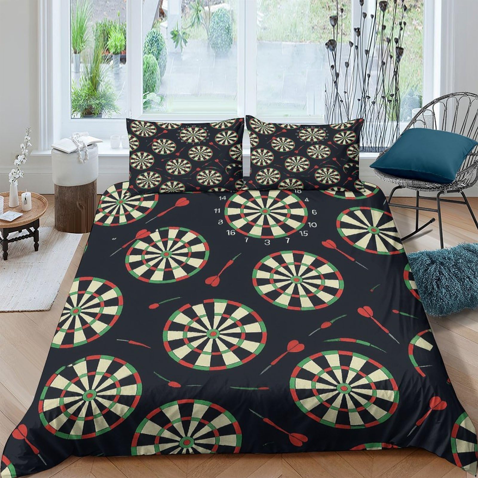 TUFRTGYHN 3D Printed Dartboard Duvet Cover Microfiber Soft Breathable Darts Bedding Set with 2 Pillowcases for Bedroom Decor Single（135x200cm）