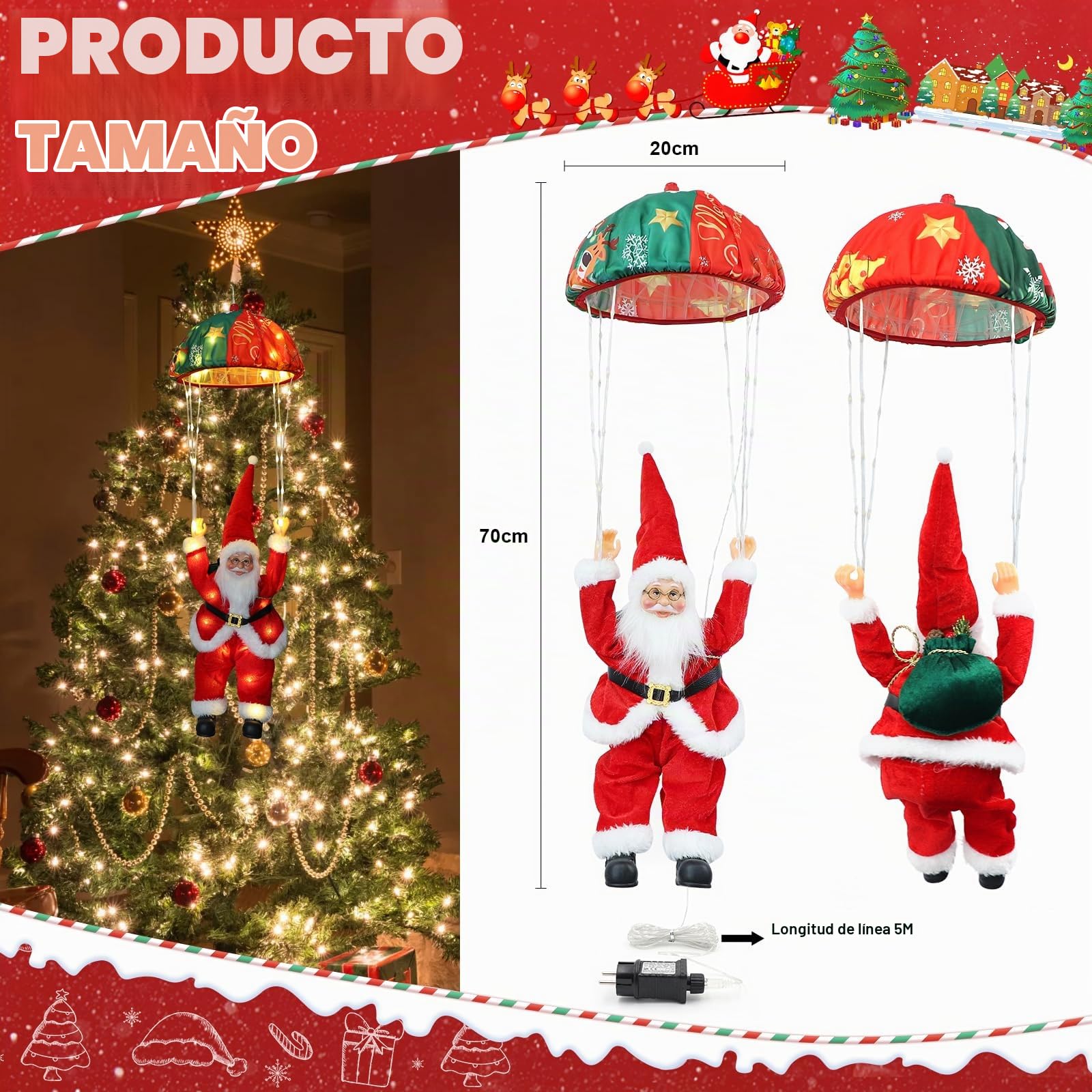 Auting Luces Navidad LED Paracaídas Papá Noel 8 Modos Temporizador | Función memoria para conservar ajustes, perfecta como decoración colgante en ventanas e interiores