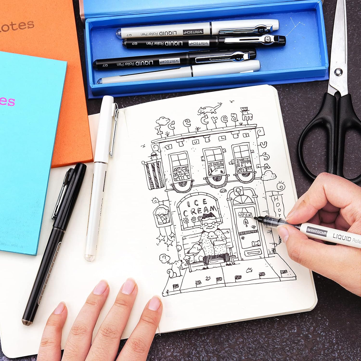 Writech Pack of 8 Rolling Ball Pens Liquid Ink Pen Rollerball Pens 0.7 mm Black Fine Point Pens for Writing, Taking Notes & Sketching : Office Products