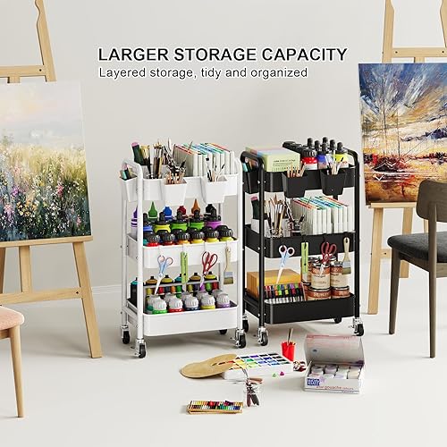 Miniatura 3 de Carrito de metal con ruedas de 3 niveles, organizador blanco de tres niveles para manualidades, carritos de almacenamiento para arte, guardería de