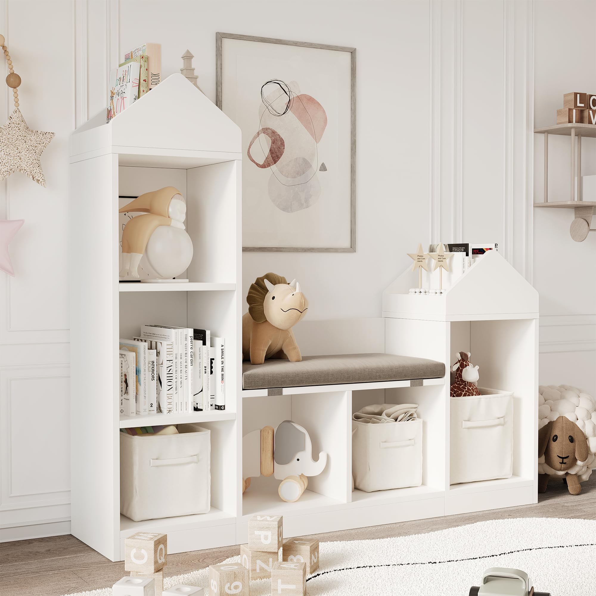 Praktisches Kinder Bücherregal mit 6 Fächern und Sitzkissen – | Holzregal zur Aufbewahrung von Büchern & Spielzeug – Sitzbank für Kinderzimmer und Spielzimmer – 121 x 30 x 108 cm