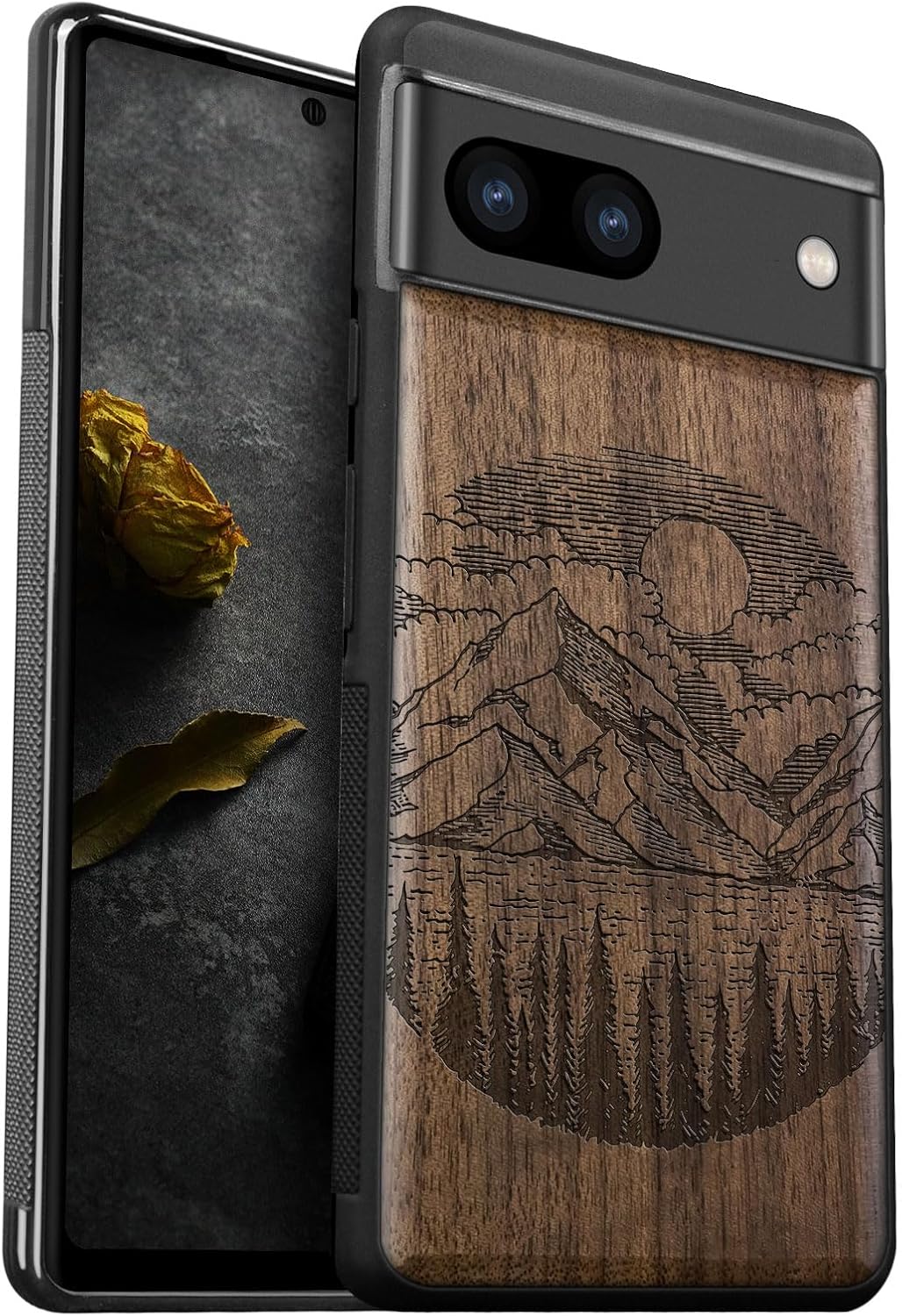 Carveit Wood Case for Pixel 8a Case [Natural Wood & Black Soft TPU] Shockproof Protective Cover Unique Wooden Design Compatible with Google Pixel 8a (Alpine Lakes-Walnut)