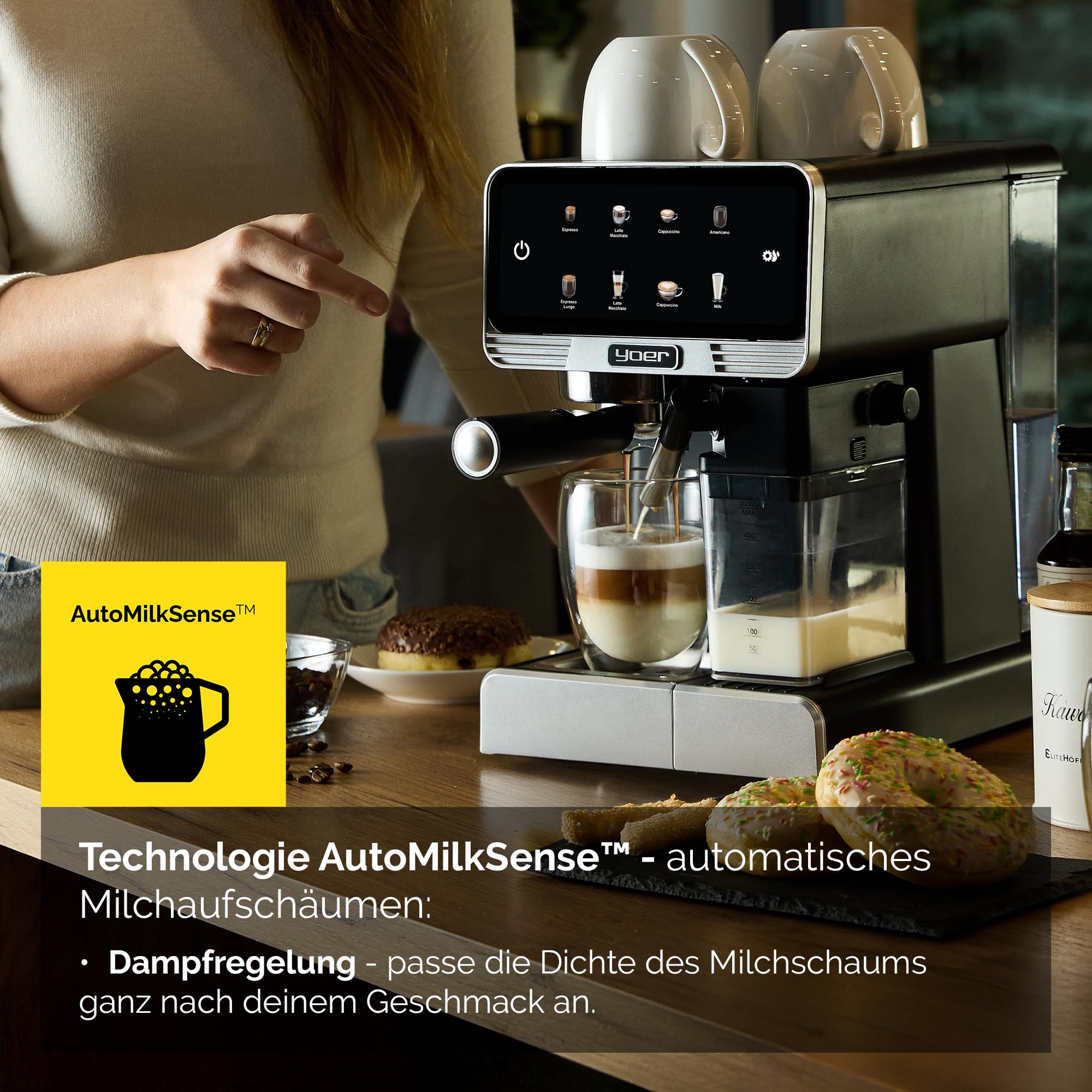 Yoer Kaffeevollautomat mit Milchsystem, Kaffeemaschine, 8 automatische Programme, Touchscreen, 20 bar, 1350W, Milchaufschäumer, Espresso, Cappuccino & Latte, 2-Tassen-Funktion, Creamo EMF03BK, schwarz