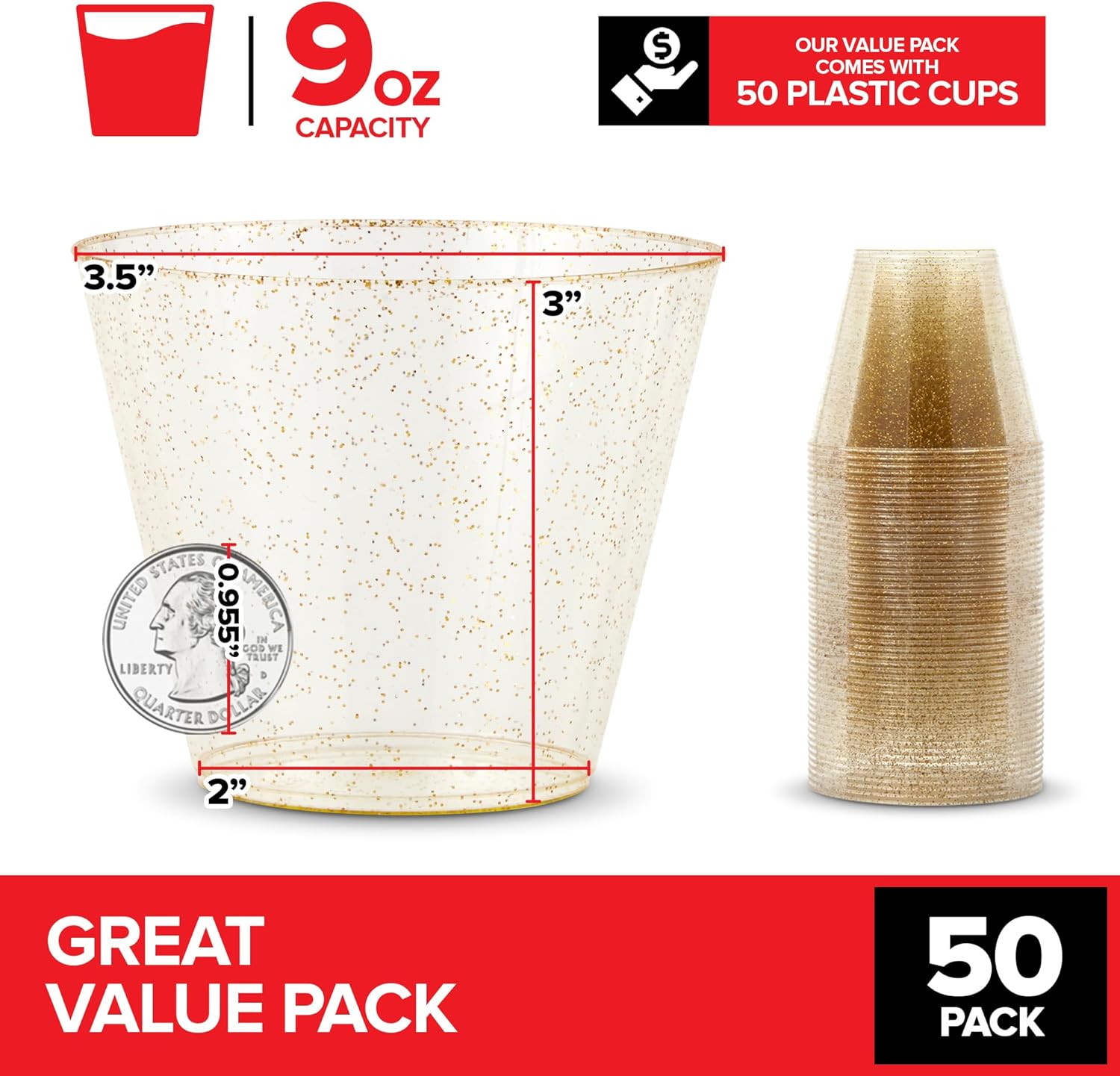 Stock Your Home 9oz Gold Glitter Plastic (50 Pack), Elegant Party Glasses for Birthdays, Weddings and Holidays, Fancy Disposable Cocktail, Clear and Gold, Bulk Wine and Mimosa - Image 2