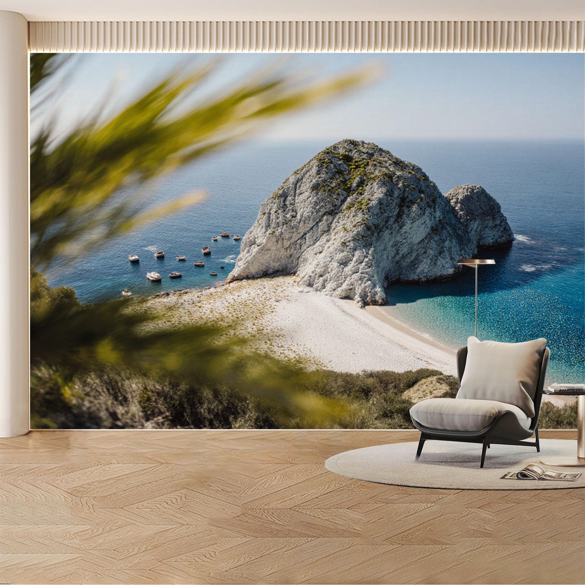 Custom Wall Mural Wallpaper Mediterranean Ocean Cliff Boats Landscape Nature 3D Effect Large Wall Art Mural Design Tropical Luxury Removable SelfAdhesive Large Photo for Living Room， Bedroom， Office