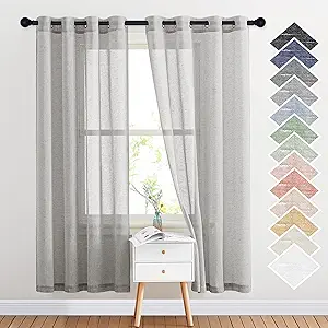 NICETOWN Linen Textured Semi Sheer Curtains 72 inches Length, Eyelet Top Bedroom Window Privacy Translucent Light Filtering Flax Sheer Drapes for Guest Room, 52 inches Wide, 2 Panels, Grey