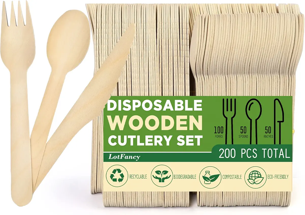 LotFancy Disposable Wooden Cutlery Set, Pack of 200 (100 Forks, 50 Spoons, 50 Knives) Biodegradable Compostable Utensils, Eco-Friendly Recyclable Flatware
