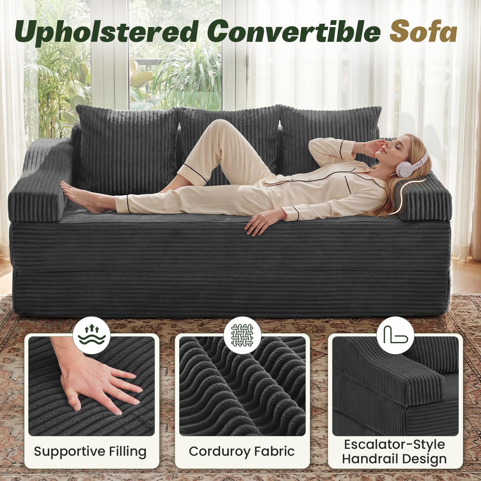 Apicizon 78.7" Folding Convertible Sofa Bed, Boneless Sleeper Sofa Couch with Pillows, 3 Seater Pull Out Futon Couches Bed, Floor Mattress Couch Loveseat for Living Room Bedroom Lounge, Dark Grey