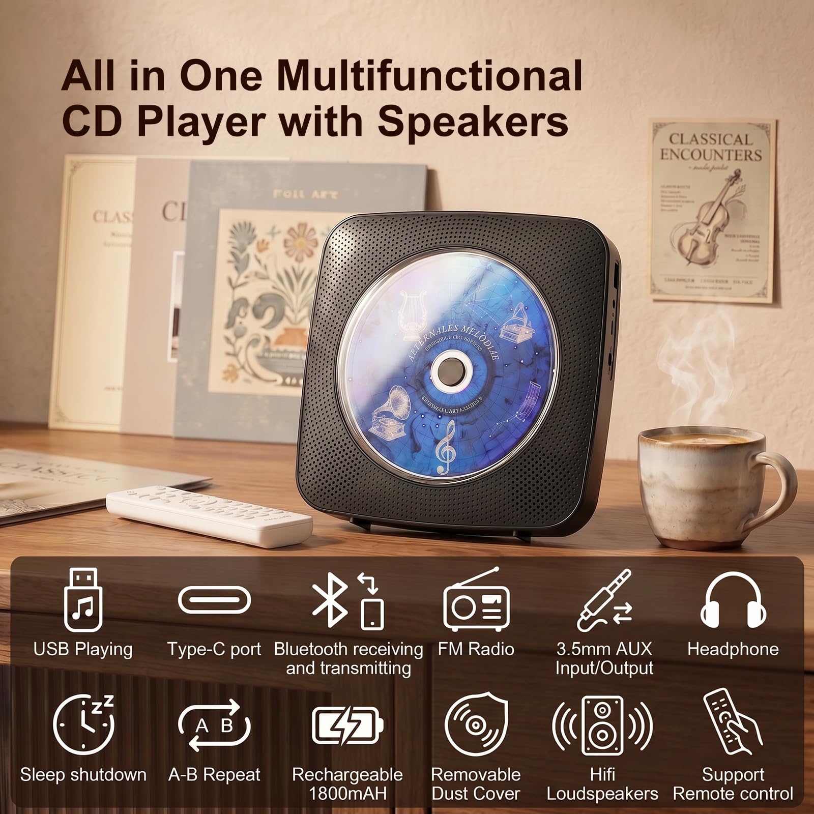Gueray Tragbarer CD Player Tragbar : Radio CD Players Kinder CD-Player Discman mit 1800mAh Akku Lautsprecher abnehmbaren Staubschutzabdeckung Fernbedienung UKW-Radio USB AUX Funktion Schwarz