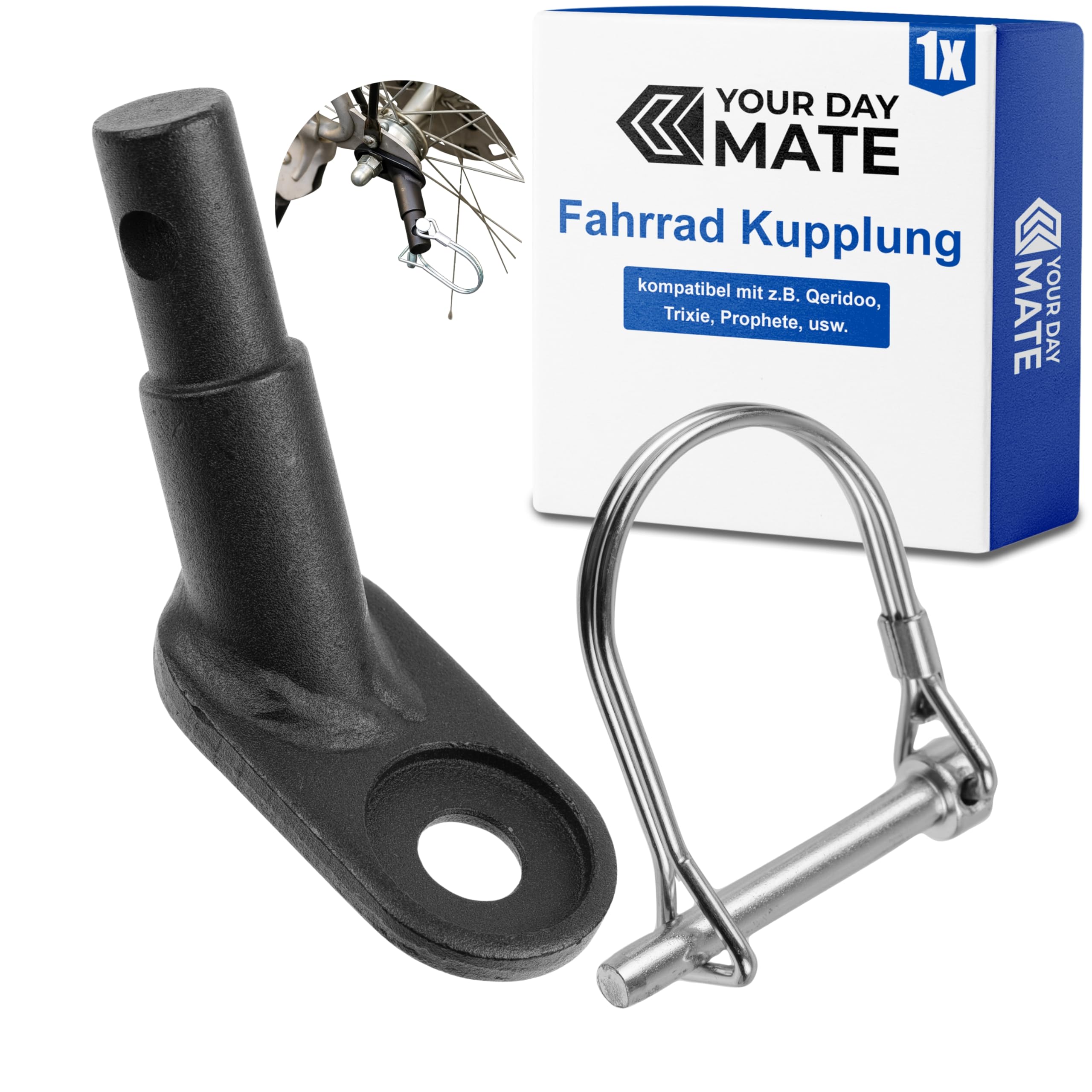 Fahrradanhänger Kupplung, 1 Set, Schwarz, mit Sicherheitssplint, kompatibel mit u.a. Qeridoo, Trixie, Prophete, Fahrradkupplung Anhänger, Adapter hinten Deichsel Hinterrad, Fahrrad Anhängerkupplung