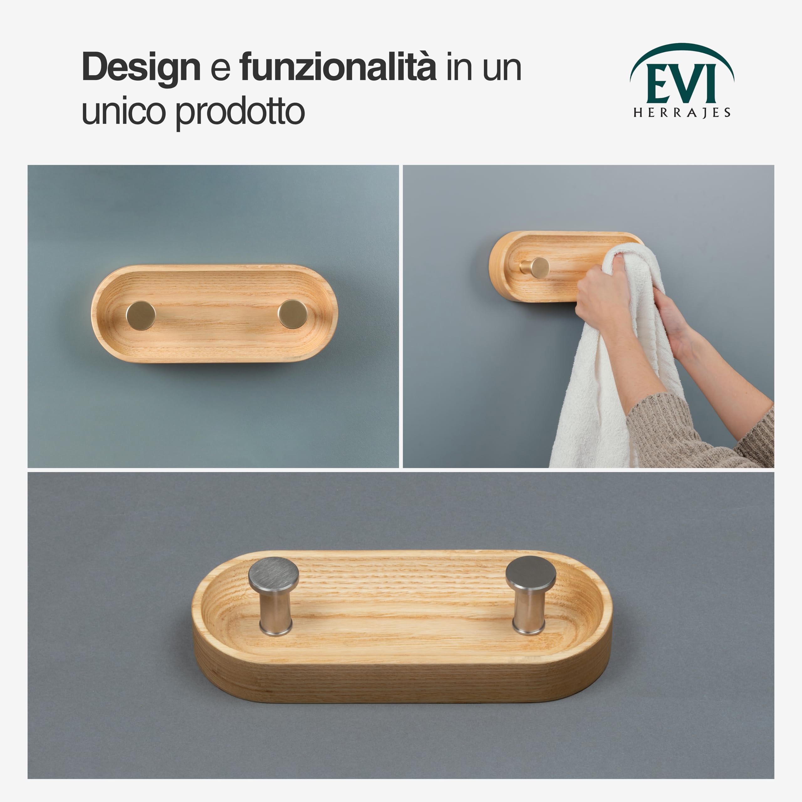 EVI Herrajes | Appendiabiti da parete a 2 ganci | Legno massello di frassino | Ganci in ottone satinato | Kit di montaggio incluso | Mod. Cova 2CFRLMT