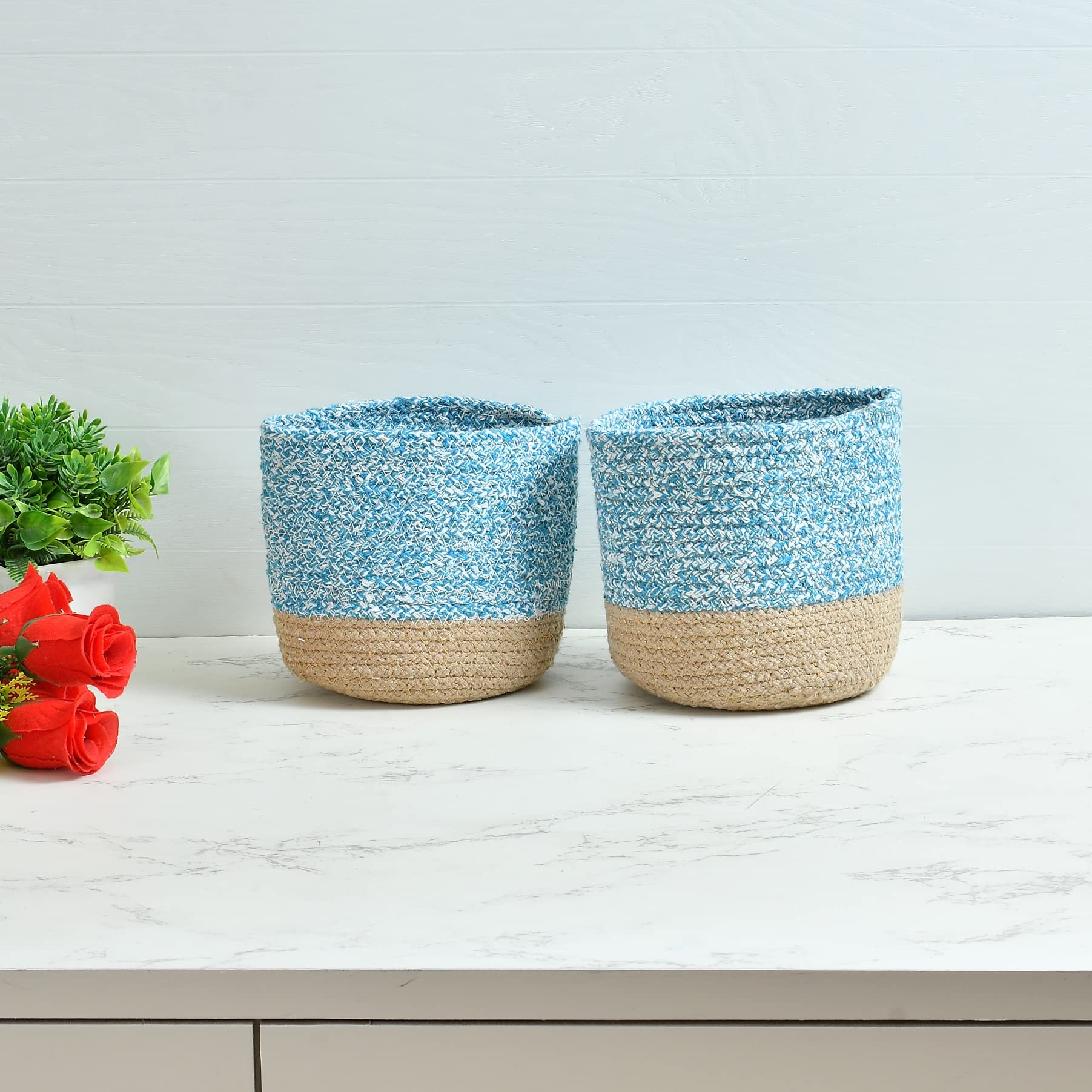 LaVichitra Braided Cotton Round Baskets | Planter Basket- Set of 2 (6 Inch), Aqua