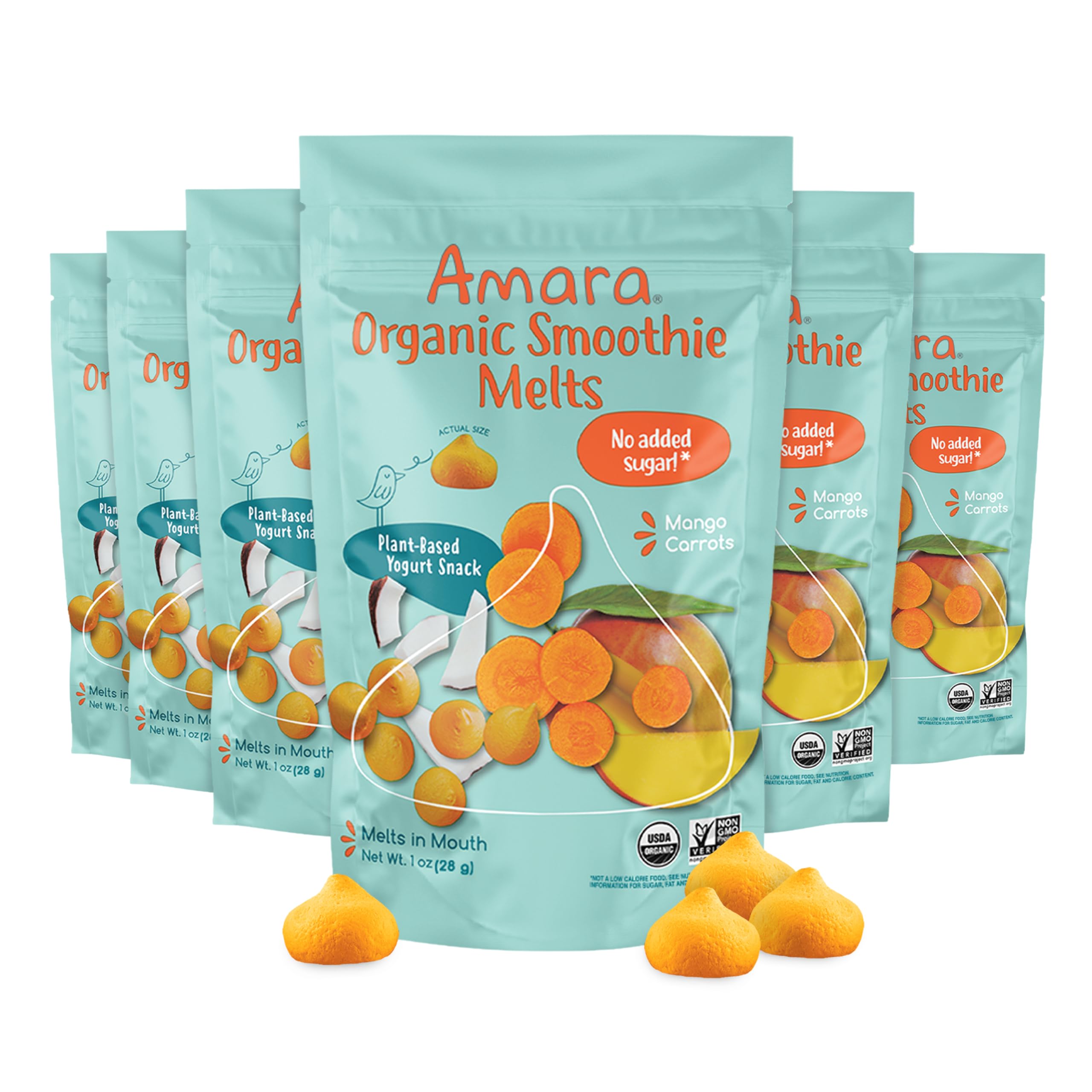 Amara Smoothie Melts - Mango Carrot - Baby Snacks Made With Fruits and Vegetables - Healthy Toddler Snacks For Your Kids Lunch Box - Organic Plant Based Yogurt Melts - 6 Resealable BagsUSDA Organic