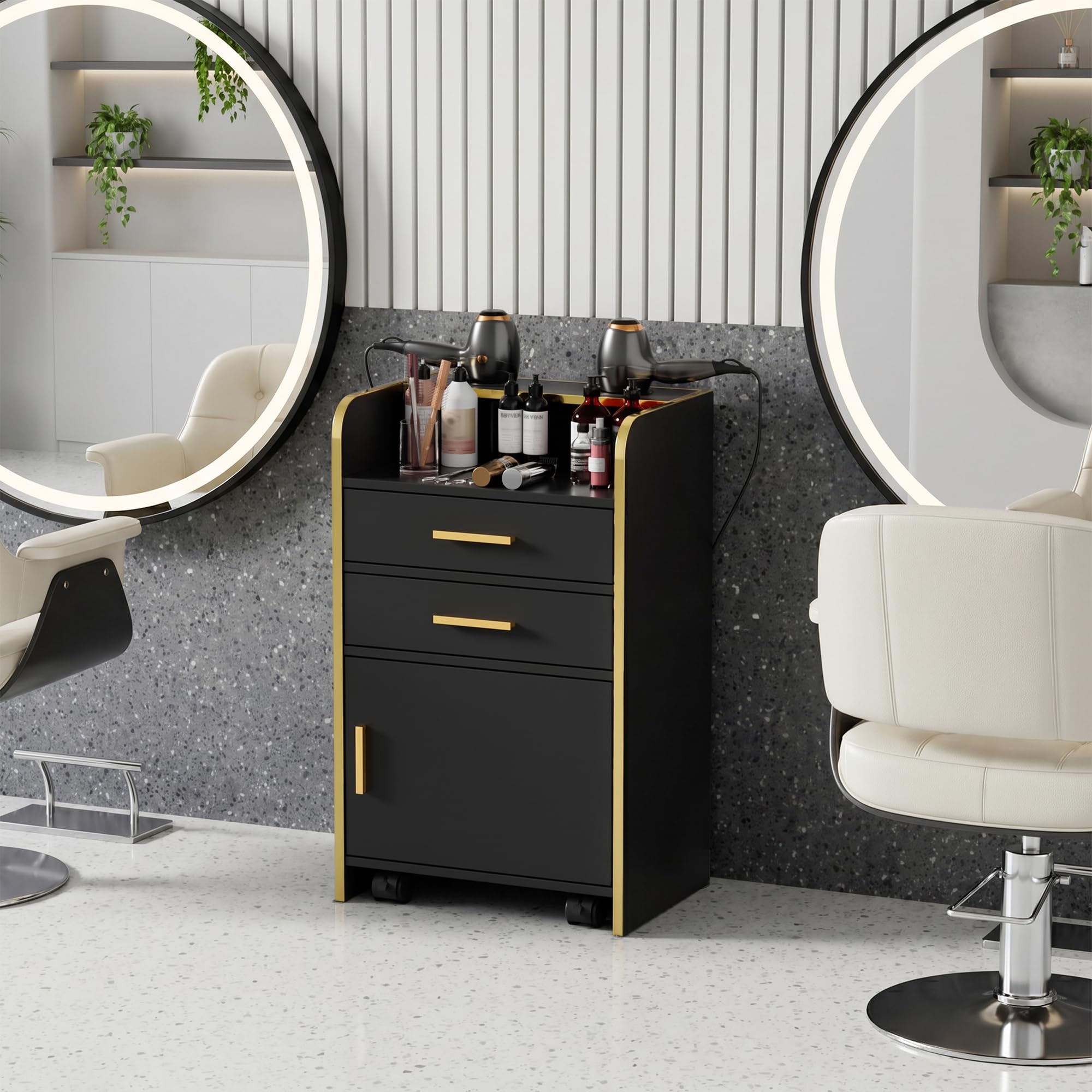 MSFE Carrello Estetista con Ruote,Carrello di Servizio in Legno con 2 Cassetti,1 Armadio e 2 Supporti Asciugacapelli,Barbiere Carrello da Lavoro per Stilista,Parrucchiere,Acconciatura SPA,45*35*80CM