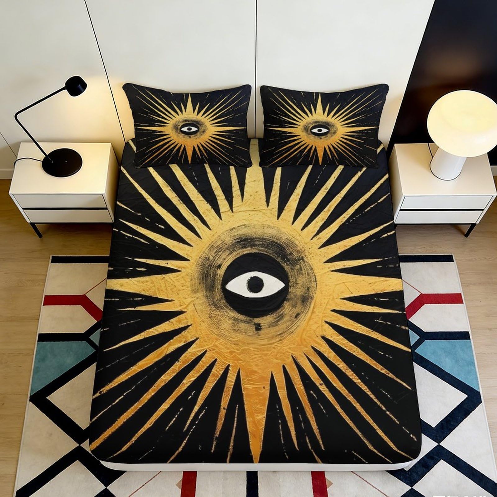 3D Printed Golden Eye Radiant Fitted Sheet Microfiber Soft Black Sunburst Bed Cover for Bedroom Dorm Mattress Protection Decor 140x200x25cm
