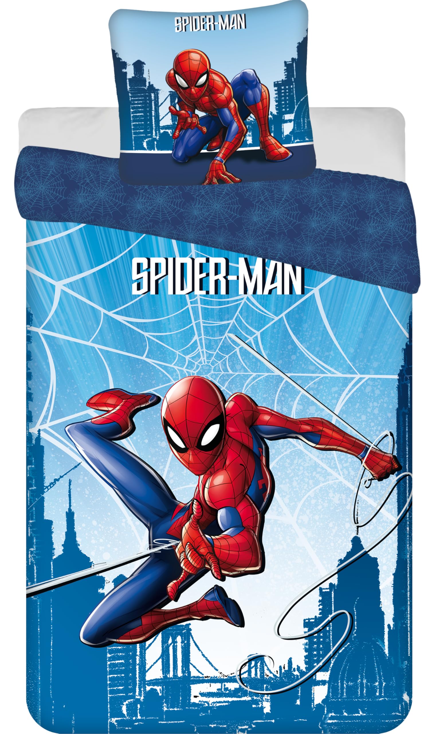 Spider-Man Pościel 140x200 + Poszewka 70x90 Niebieska Czerwona | Odwracalna pościel jednoosobowa | Bawełna naturalna oddychająca Oeko-Tex | Marvel | Chłopcy | Prezent | Dekoracja pokoju