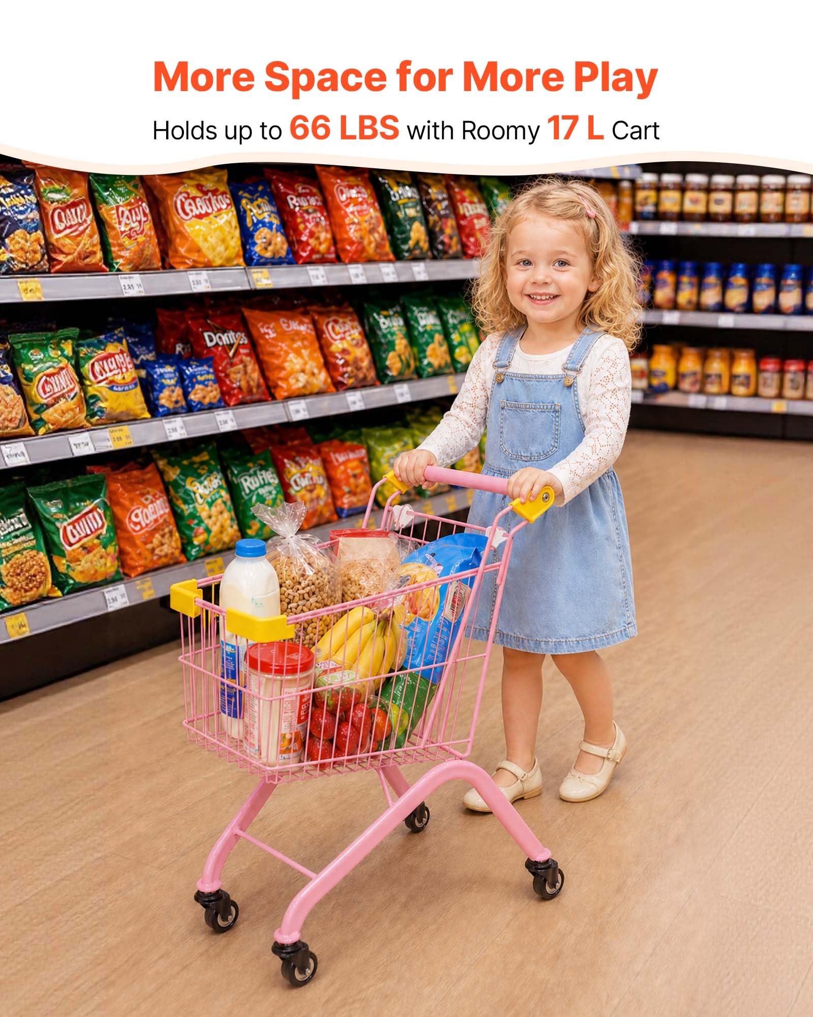 VEVOR Einkaufswagen für Kinder, Einkaufswagen Supermarkt Spielzeug mit Stahlrahmen 4 Rädern & Dichtem Netzkorb, Faltbares Kaufladenzubehör mit 30kg Belastbarkeit, Kaufmannsladen Spiele für Kinder ab 3