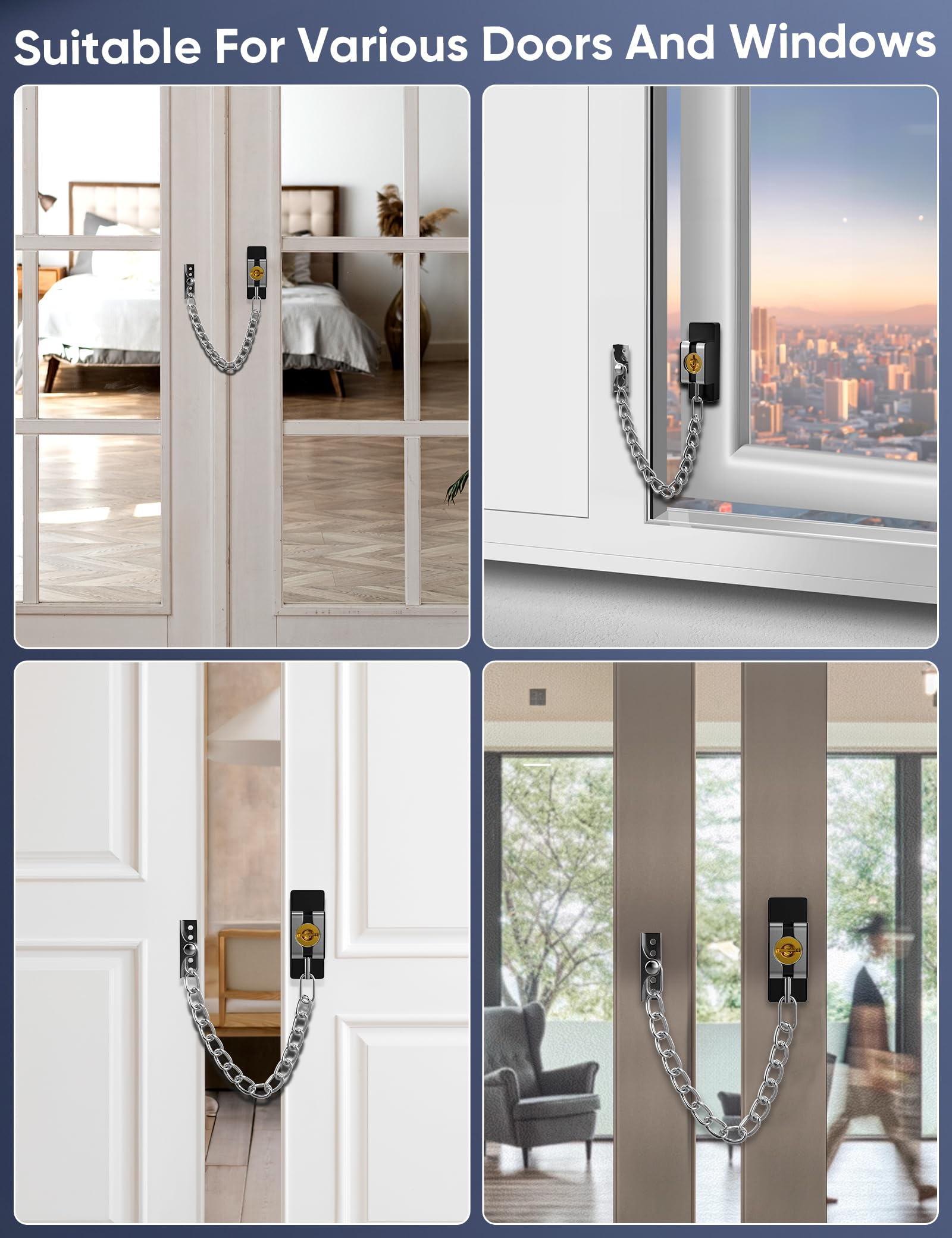 Chaîne de porte robuste pour porte d'entrée, porte intérieure avec clé, serrure de porte pour enfant, puertas, hôtel, chambre, fenêtre (chaîne argentée, 1 pièce)
