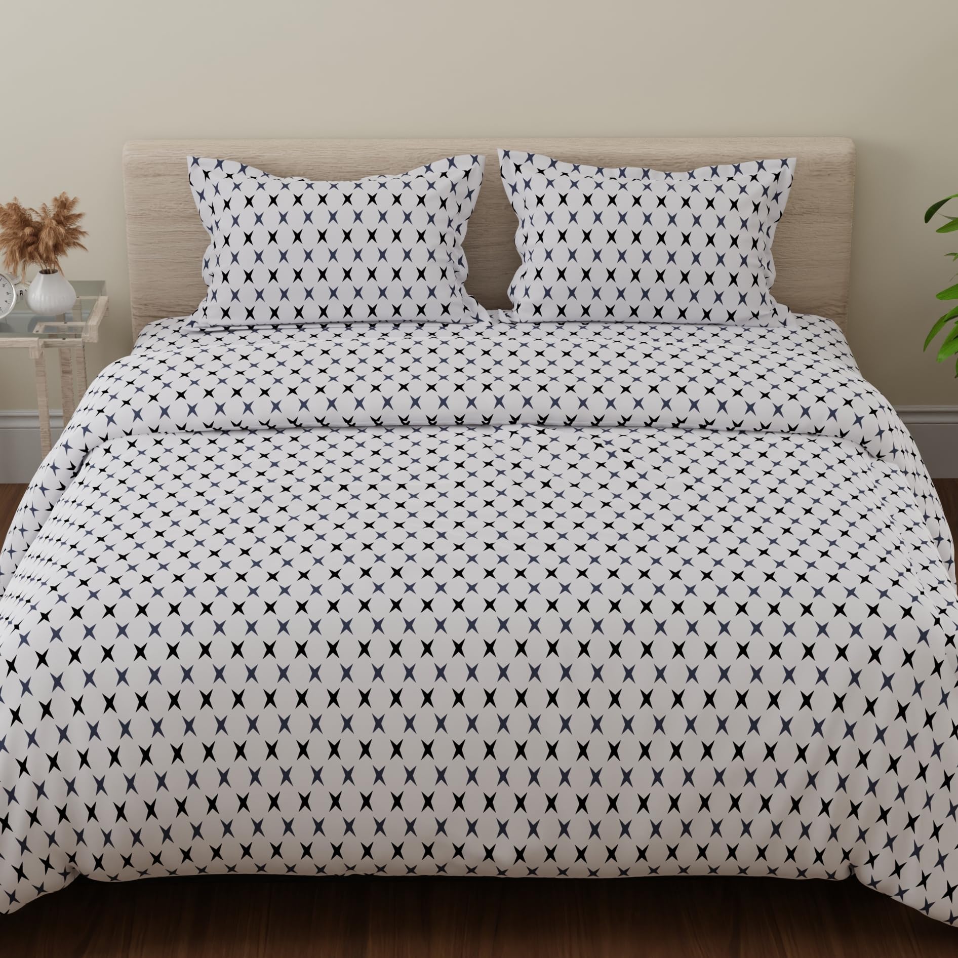 Huesland by Ahmedabad Cotton 144 TC Cotton Bedsheet for Double Bed with 2 Pillow Covers - White, Grey