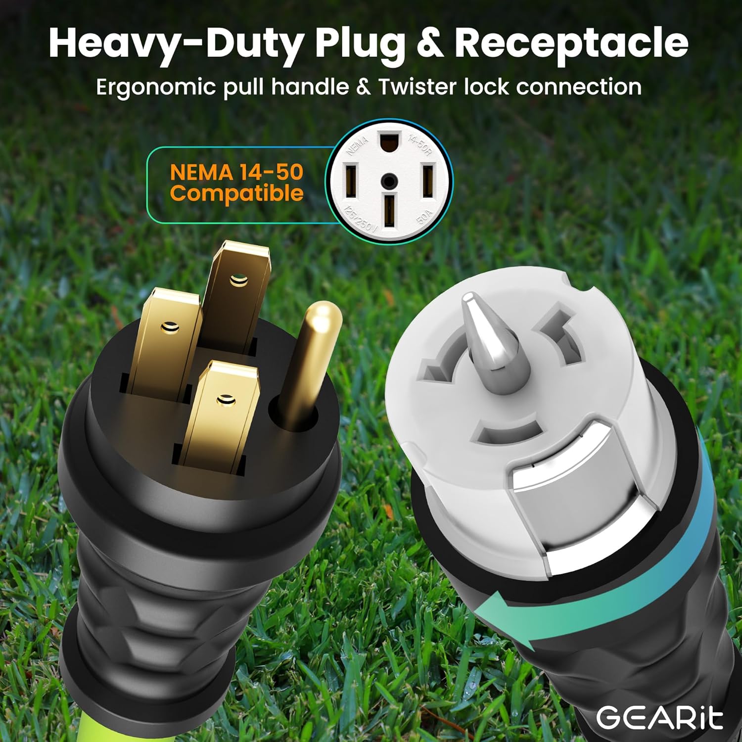 GEARit 50-Amp Generator Extension Cord (15 Ft) Inline NEMA 14-50P to SS2-50R Twist Lock Connector STW 6/3+8/1 AWG 125/250V for 50A Power Inlet Box, RV Camper, Generator to House - 15 feet