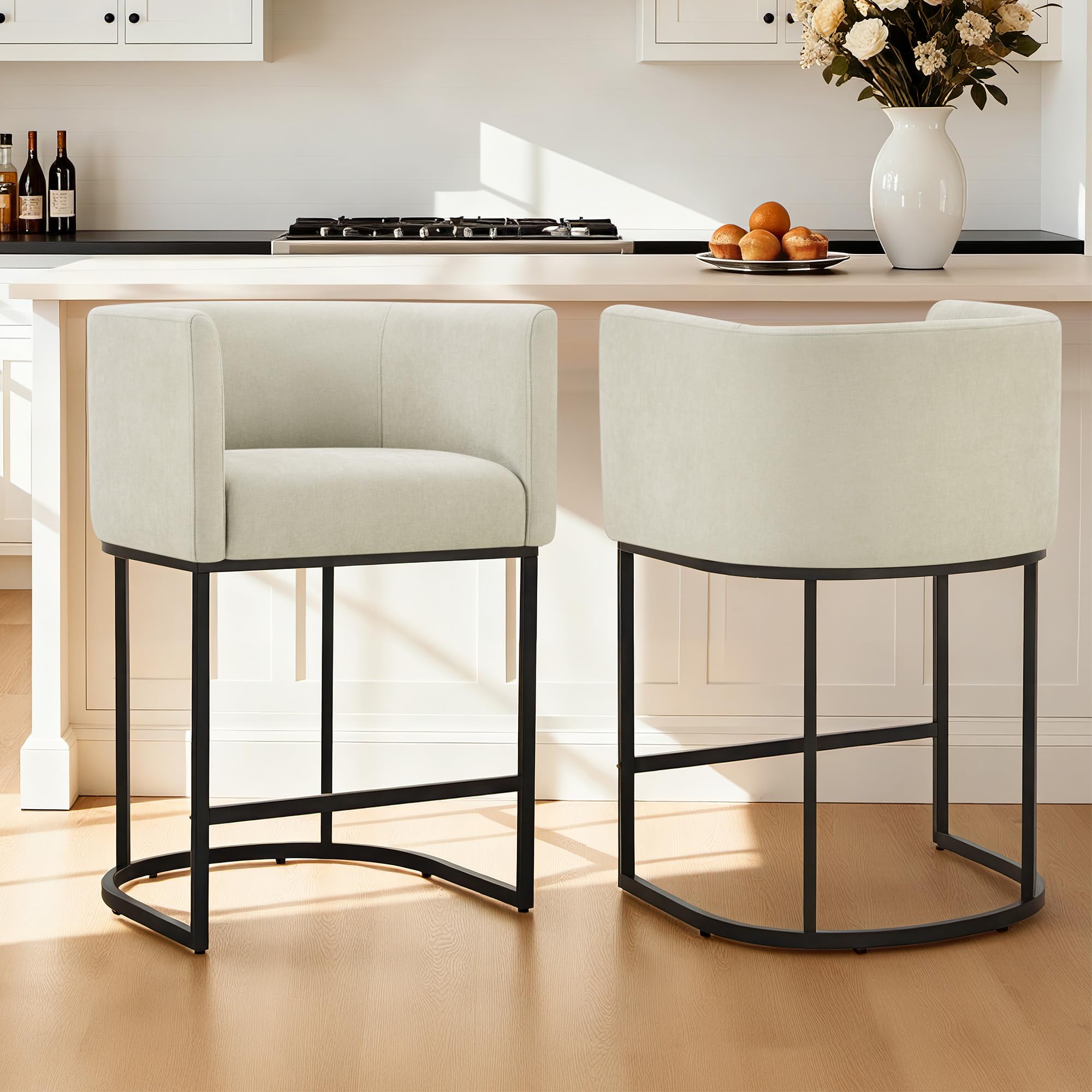 24" Counter Height Bar Stools Set of 2, Modern Barrel Counter Stools with Backrest and Arms, Fabric Upholstered Accent Barstools with Metal Legs for