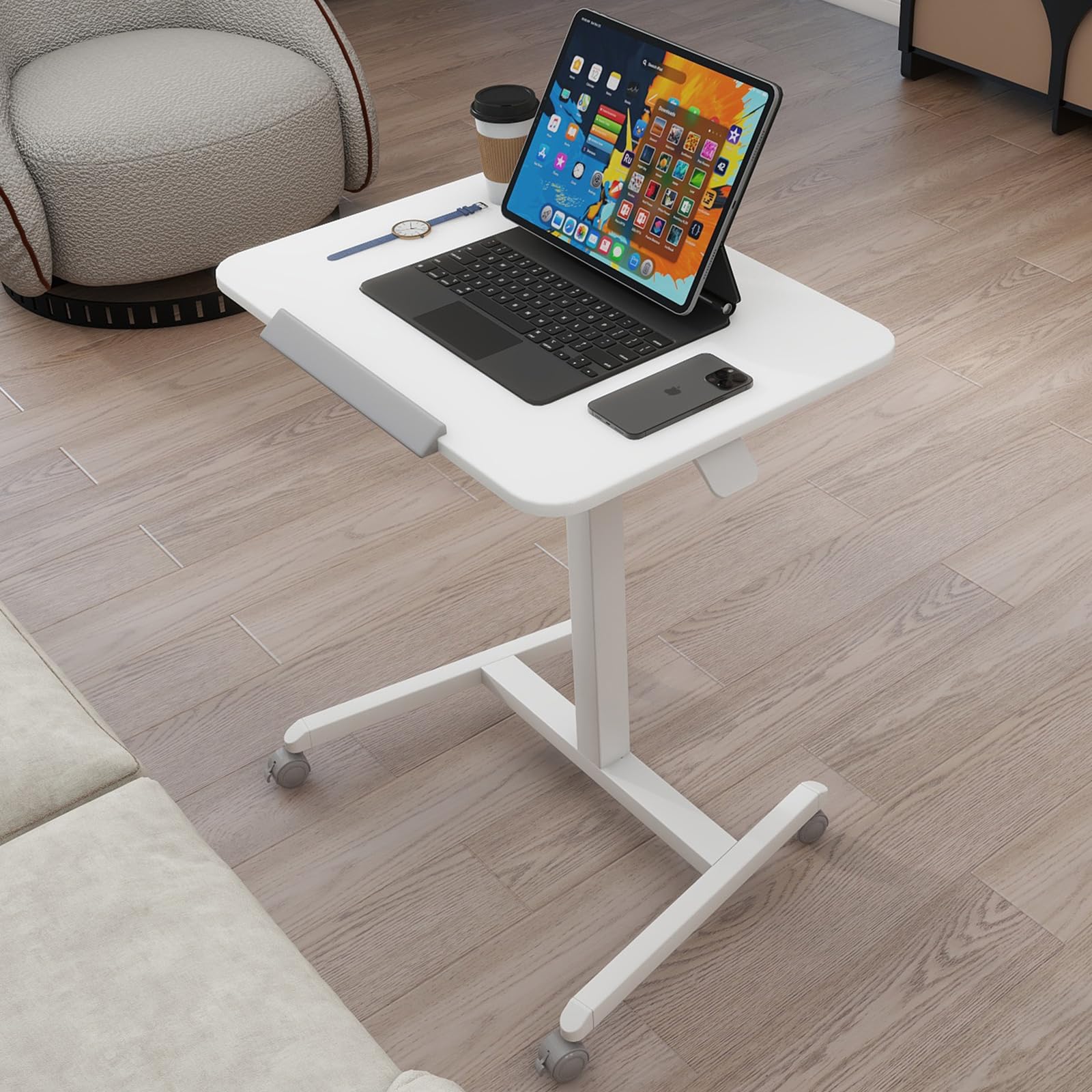 PUNCIA 90°Tiltable Small Standing Desk with Stoppers Mobile Rolling Laptop Table on Wheels Pneumatic Adjustable Height Computer Workstation Stand Up