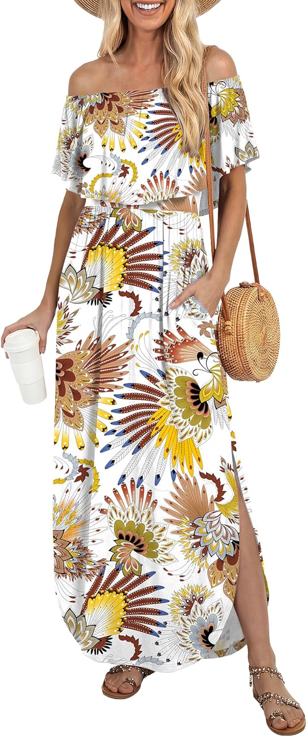 LILBETTER Womens Off The Shoulder Ruffle Party Dresses Side Split Beach Maxi Dress