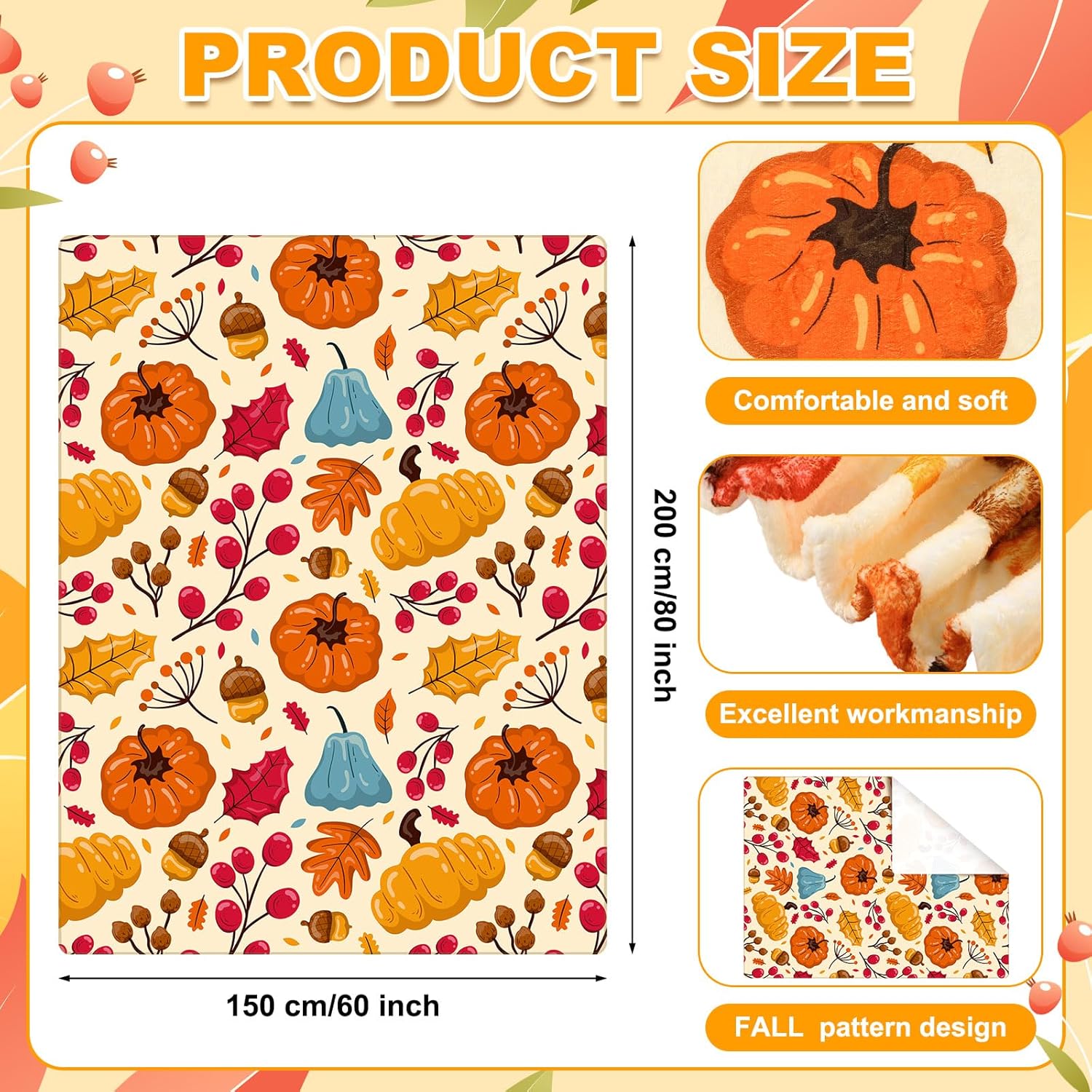 Fanfanwin 2 Pcs Large Thanksgiving Fall Blankets Pumpkins Orange Maple Leaf Soft Warm Plush Throw Fleece Cozy Lightweight Flannel Blankets for Living Room Couch Bed Chair Dorm Outdoor, 60"x80"