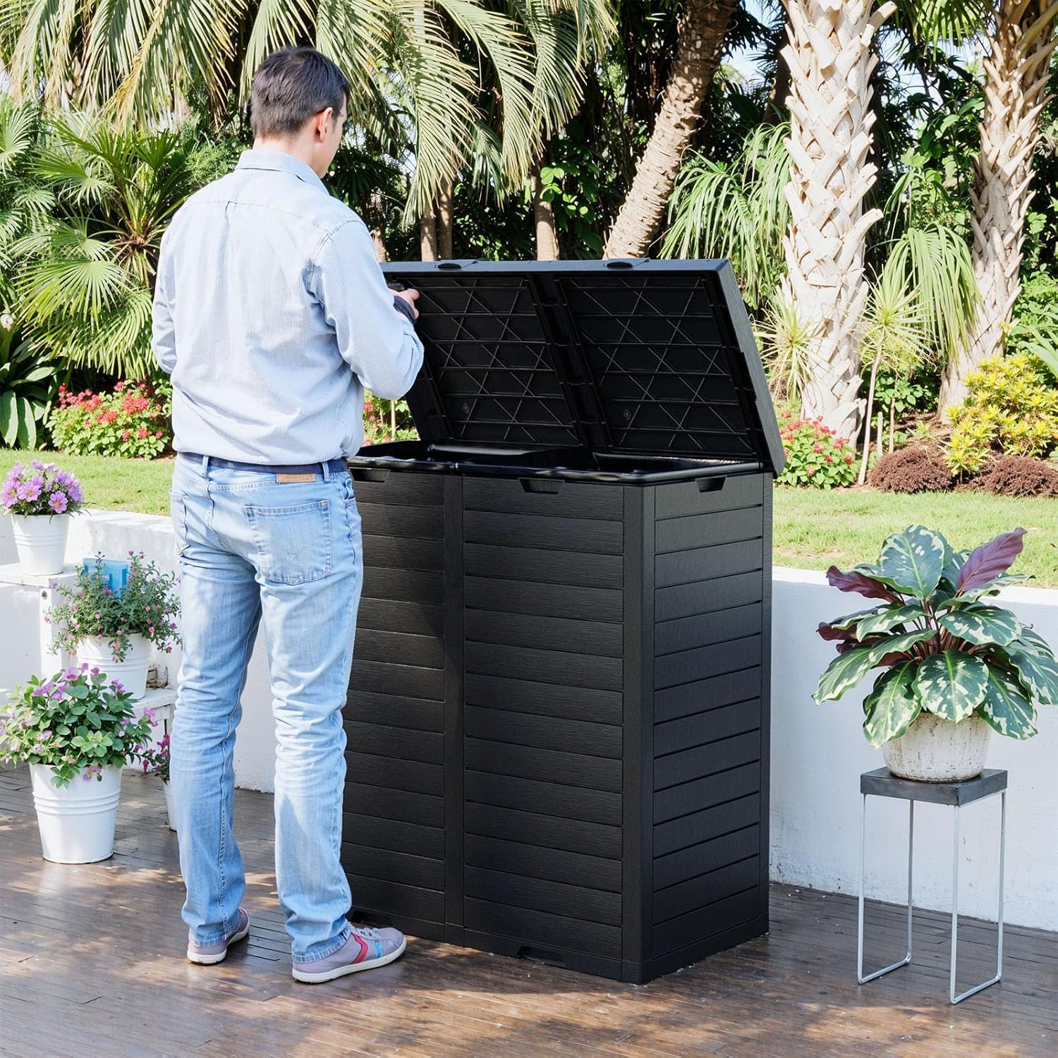 Outdoor Trash Can with Lid, Outdoor Trash Bin & Pull-Out Liquid Drawer, Dual Lid Closure Design, Waterproof Resin Garbage Can Container for Patio, Backyard, Deck (Black, 76 Gallon)