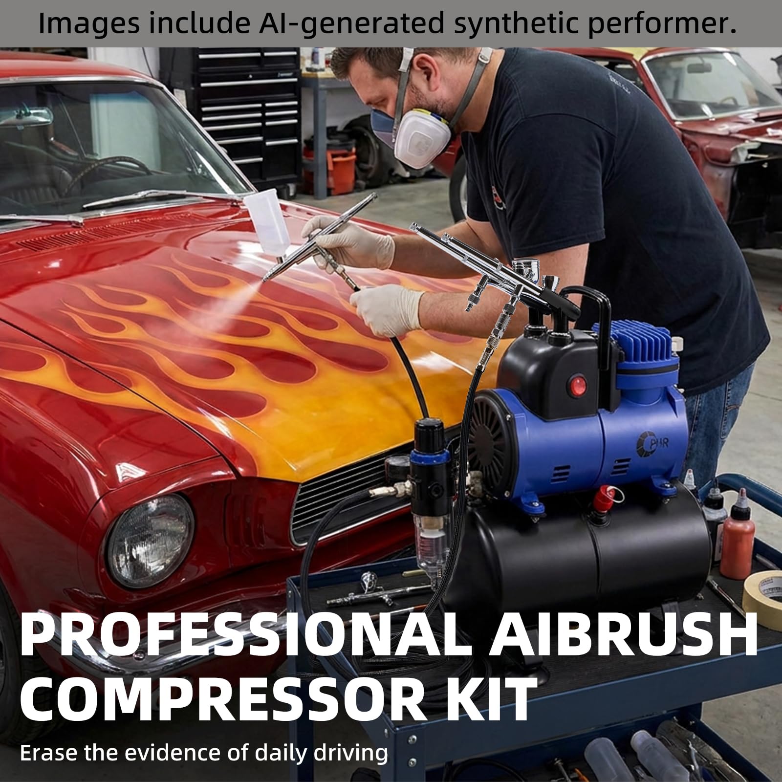 OPHIR Compresor de aerógrafo de 1/5HP con tanque de 3,2 L, 0,3/0,8 mm, 4 aerógrafos, ventilador de refrigeración, tazas de pintura de 20/40 CC, soporte para aerógrafo, 5 mangueras de aire y