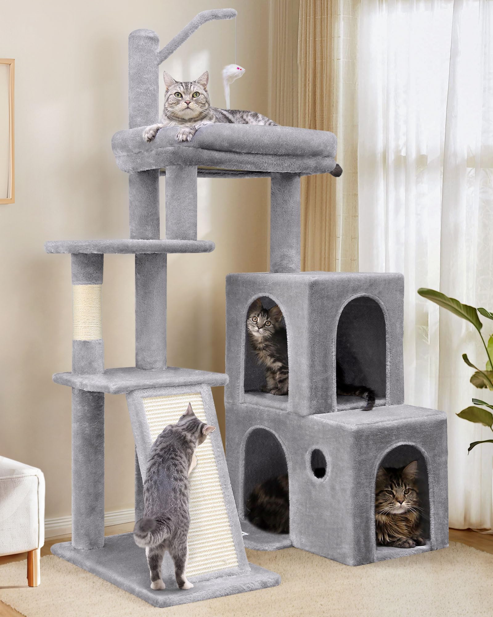 Globlazer Kratzbaum Stabil mit 2 Große Katzenhaus 90° Drehbares, 2 Groß Basis, Gepolsterte Plattform, Sisal Kratzbrett, Katzenspielzeug, Katzenbaum für Katzchen Große Katzen Senioren (F50, Hellgrau)