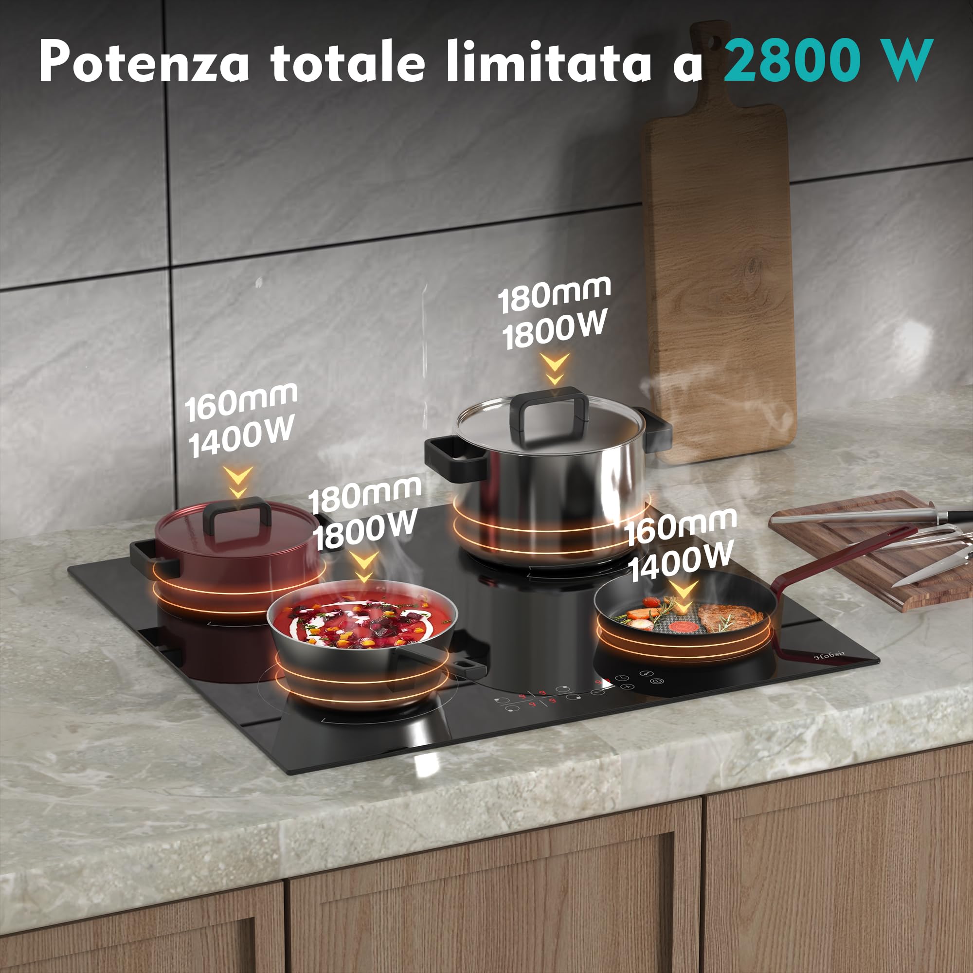 Hobsir Piano Cottura a Induzione 4 Fuochi, Piano Cottura Induzione con Spina, Piano a Induzione 4 Piastra 3500W, 60cm Piastra con 9 Power Comandi Toccare, Blocco di Sicurezza,Timer