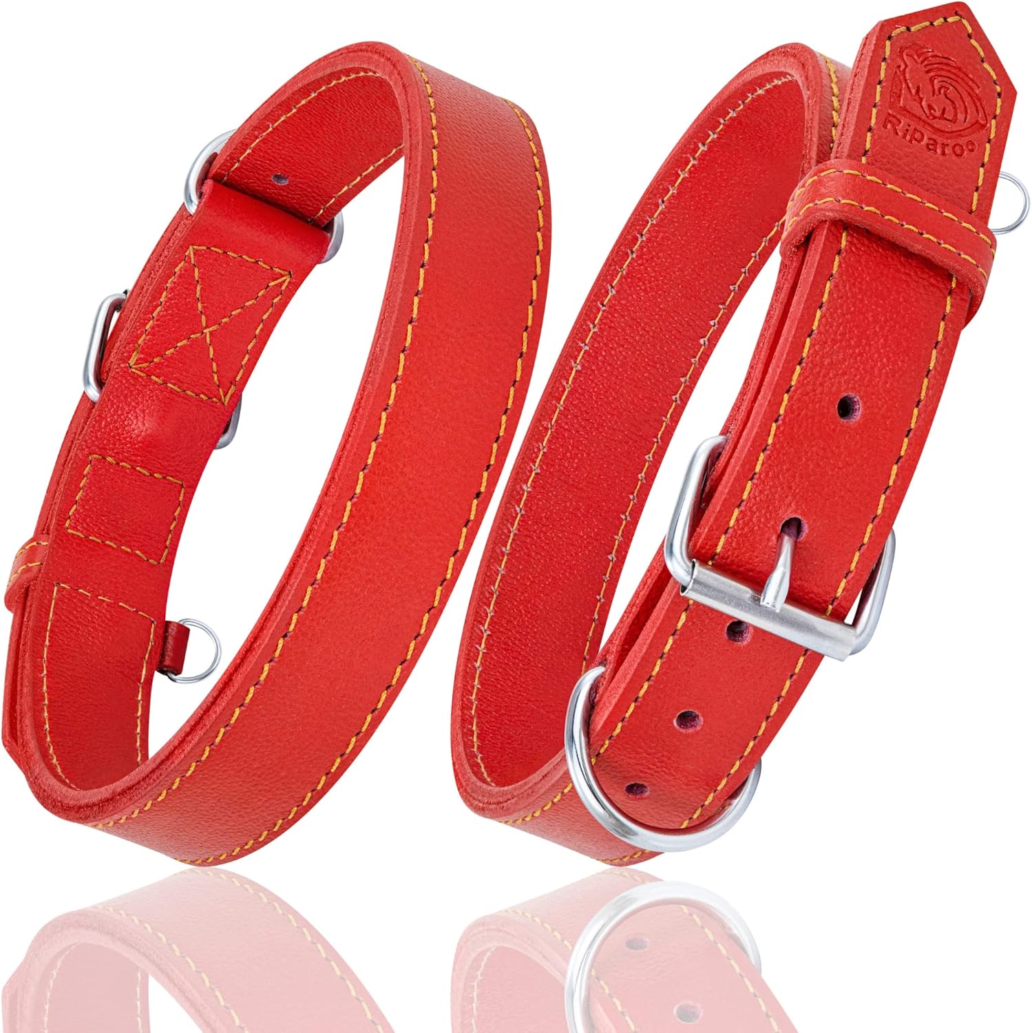 Riparo Dog Collar - Genuine Leather Dog Collars - Heavy Duty Dog Collars for Medium Large and Extra Large Dog Breeds (XXL: 1.75” Wide for 26” - 31” Neck, Red)