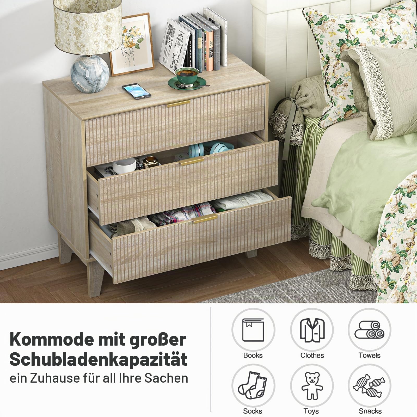 Kommode, Sideboard mit 3 Schubladen Moderner Schubladenschrank Komodenschrank in natürlicher Holzoptik,80x40x80.5cm aus MDF und Metall für Schlafzimmer, Wohnzimmer, Flur Möbel