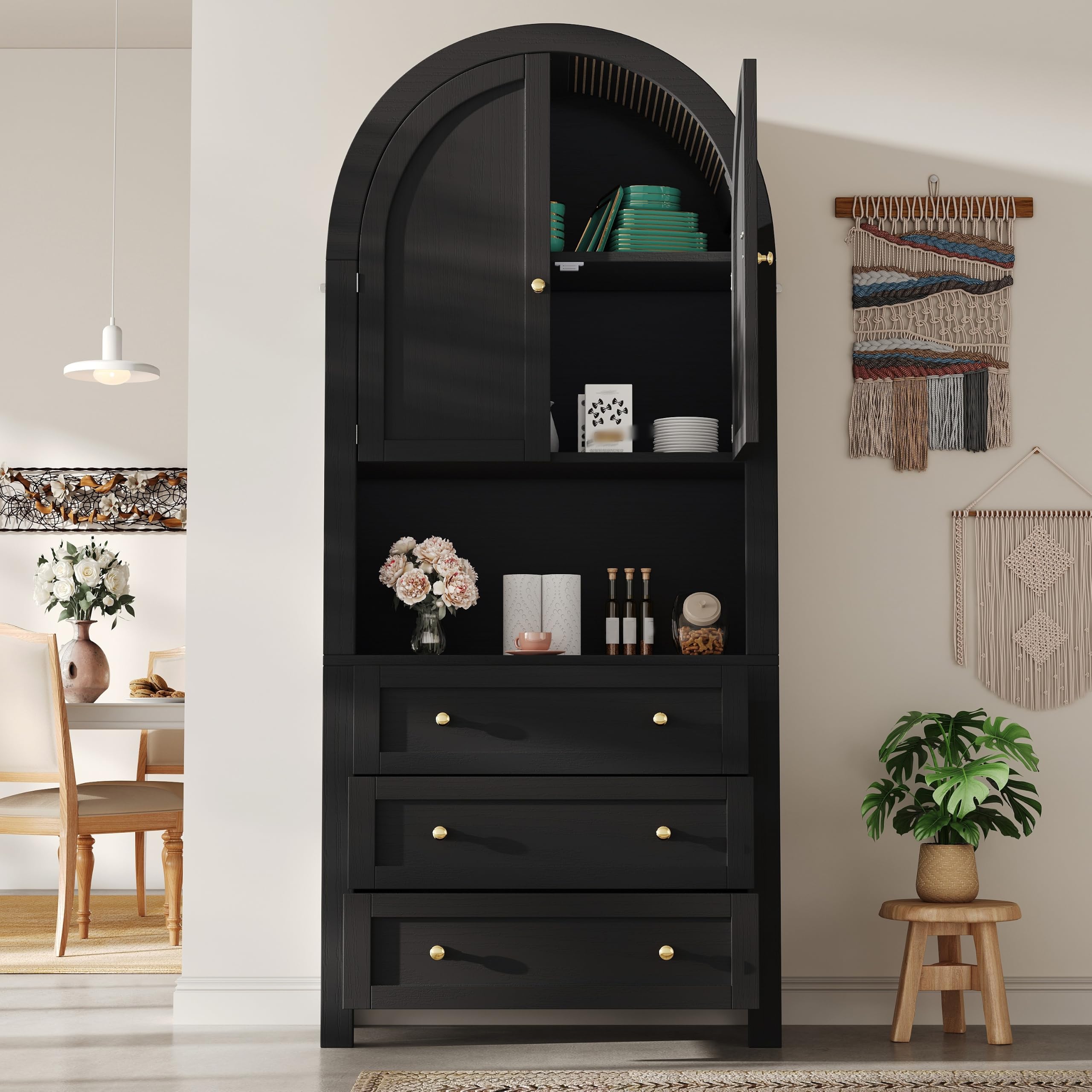 Armoire de rangement à 3 tiroirs, armoire multifonction haute | Zone d'exposition ouverte, armoire de cuisine avec portes arquées, pour cuisine, salon, couloir, 70 x 35 x 180 cm, noir