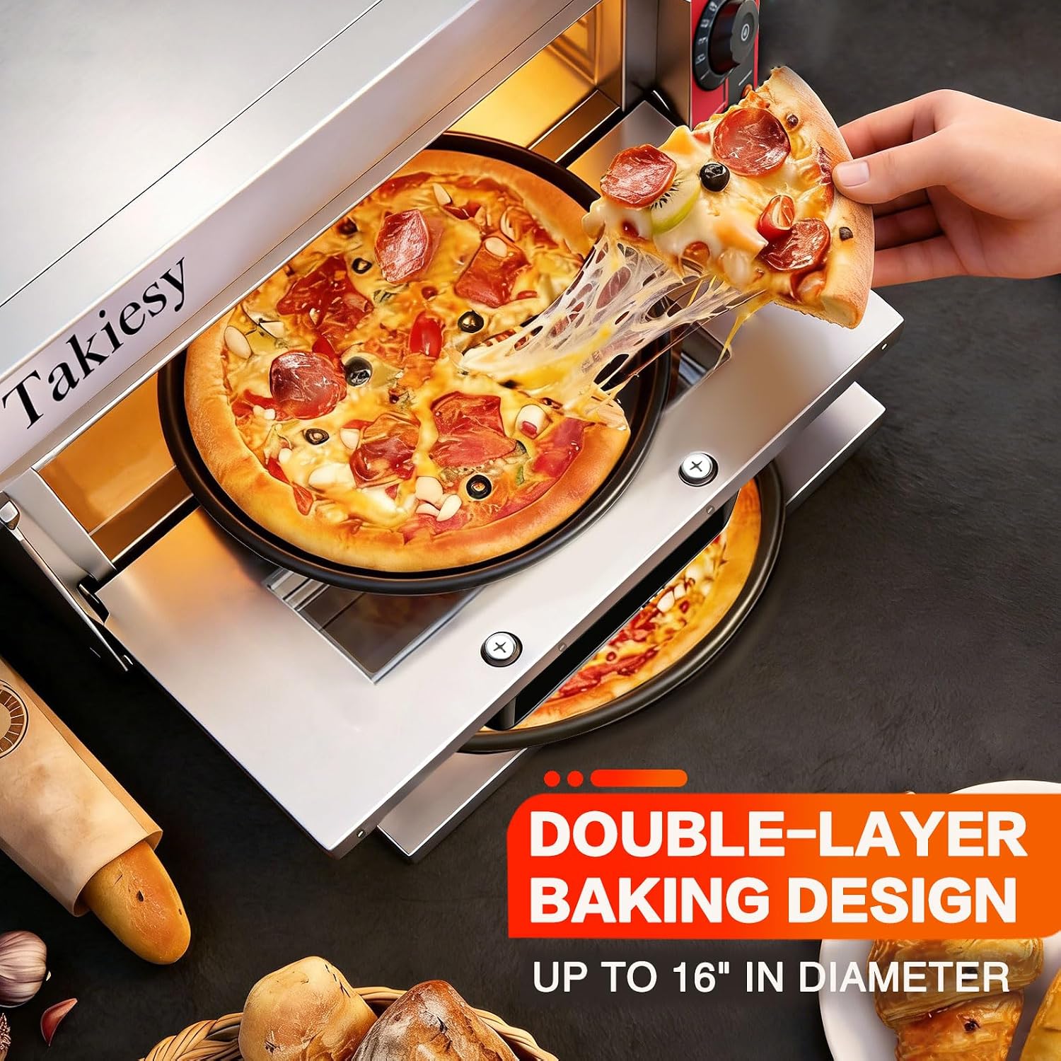 Pizza Oven Countertop, 16 Inch Stainless Steel Commercial Double Decker Electric Oven with Pizza Stone and Handle for Home Restaurant Use