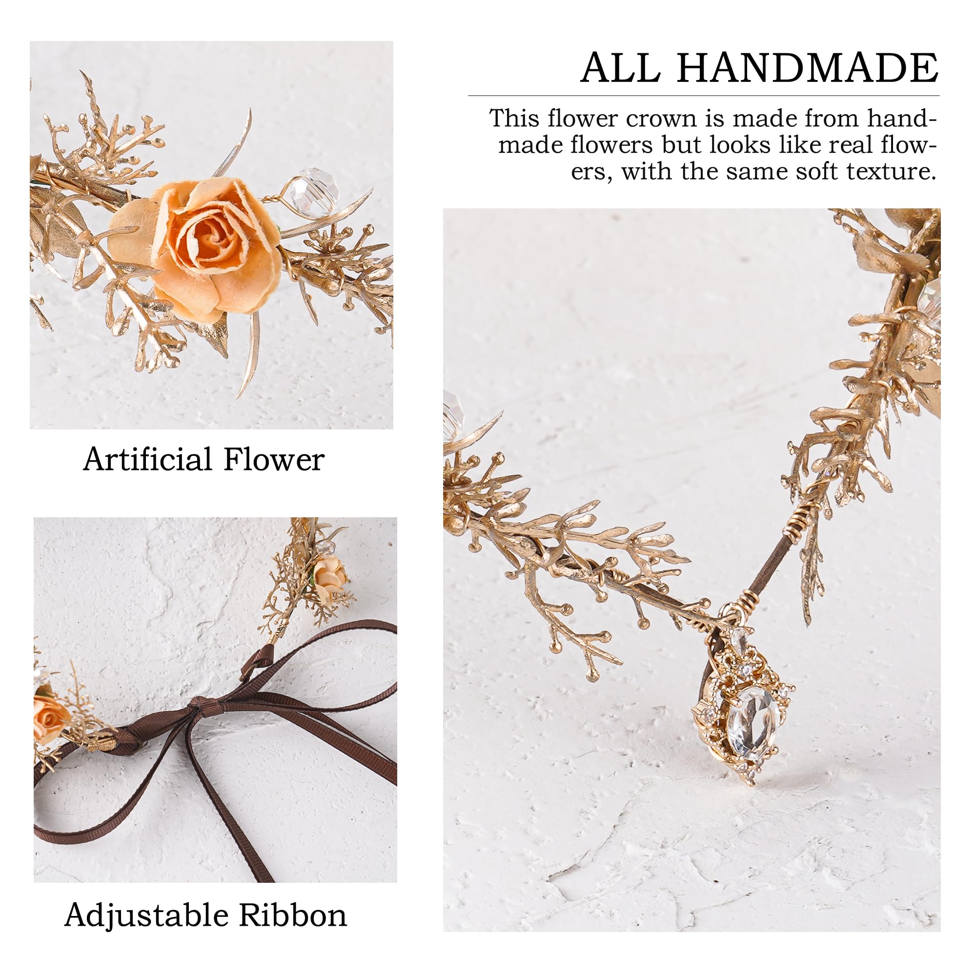 MOSTORY Gold Fairy Flower Crown for Women Floral Elf Crown Forest Leaf Headpiece for Renaissance Party Cosplay Photo Shoot - Image 4