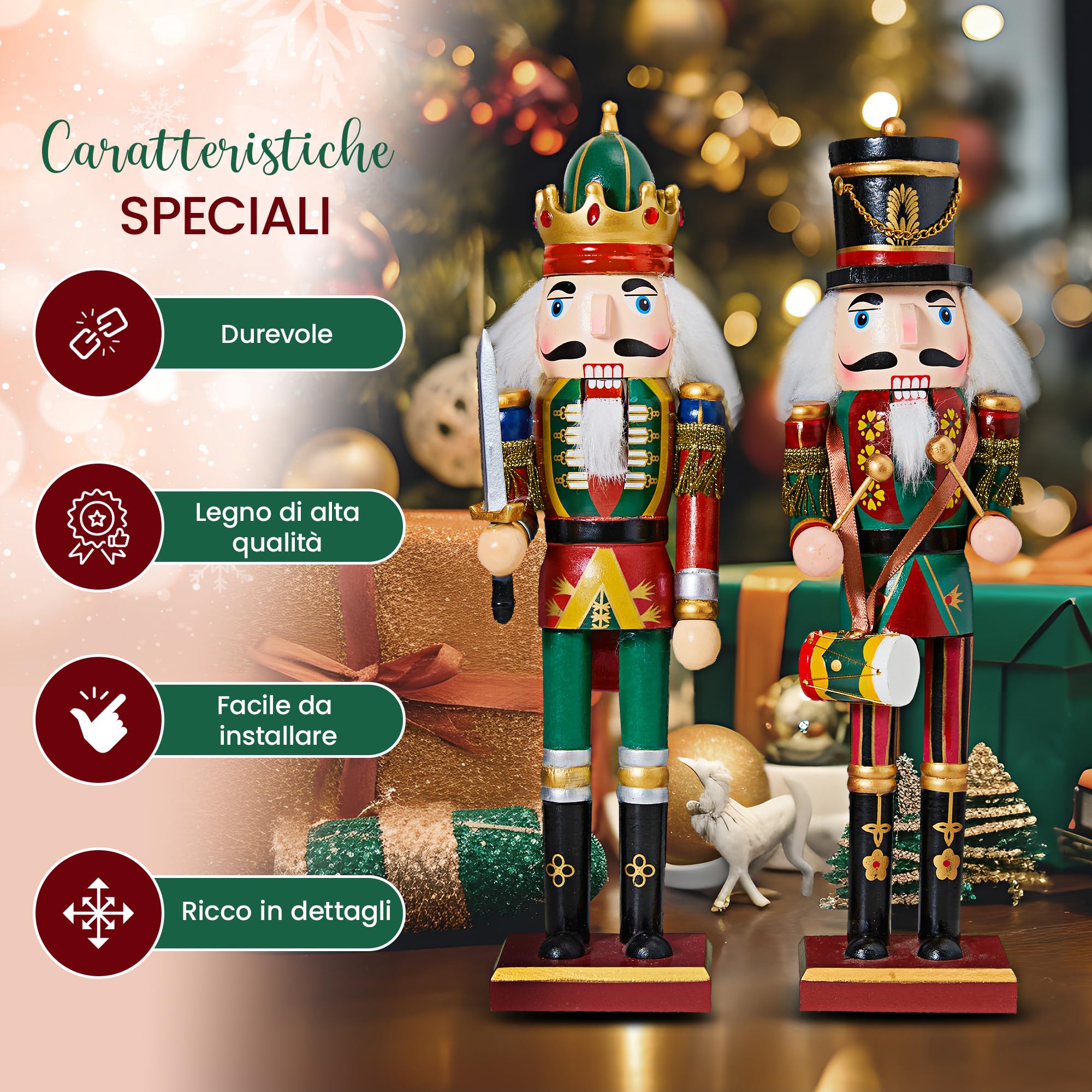 Coppia di schiaccianoci decorativi in legno (30 cm) – Figure da esporre su camino – Abbellimenti per feste invernali – Statuine classiche natalizie – Elementi ornamentali dallo stile tradizionale