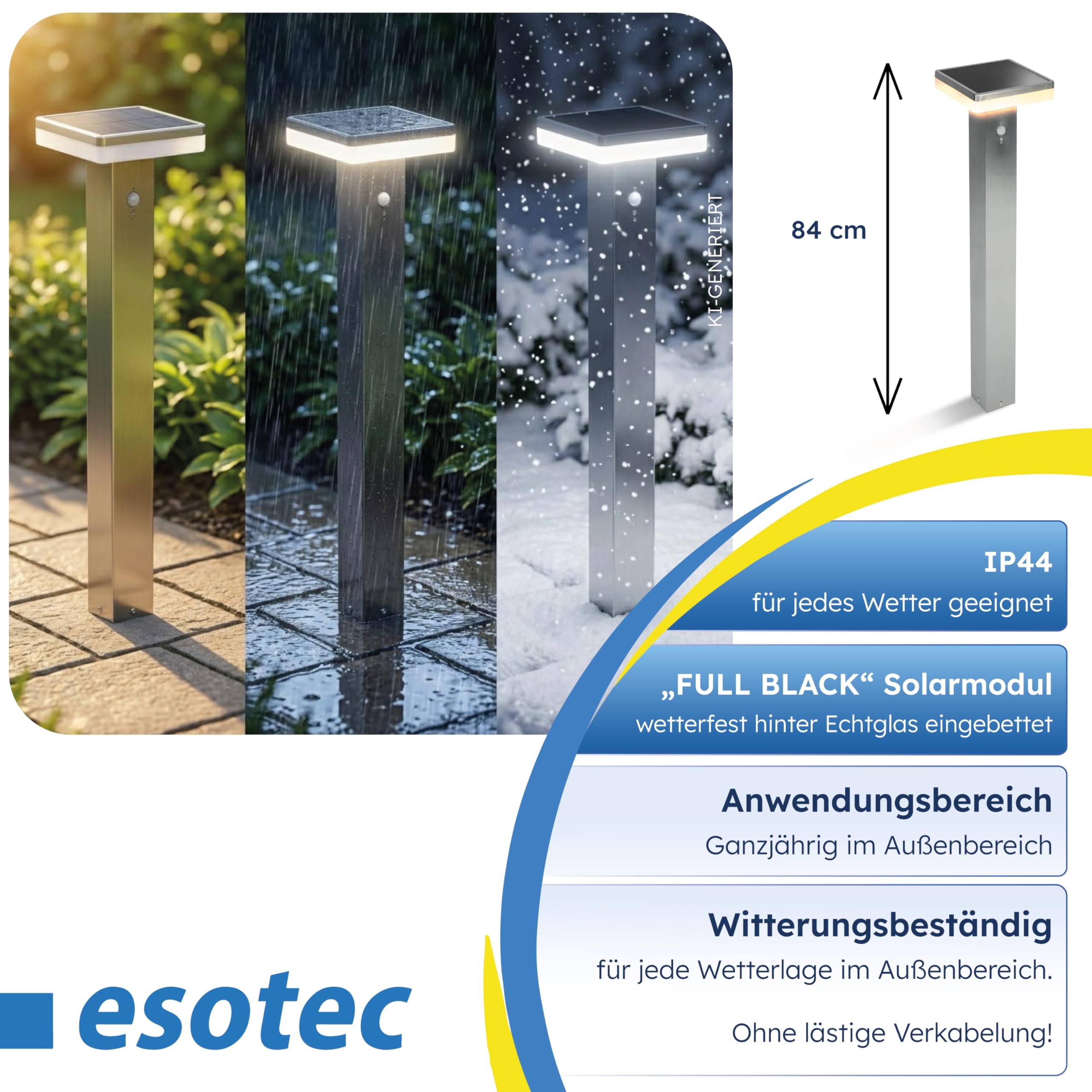 esotec Solar Standleuchte mit Bewegungsmelder Balou CCT, H=84cm Außenleuchte, 3 Lichtfarben, wechselbarer LiFePO4 Akku 102934
