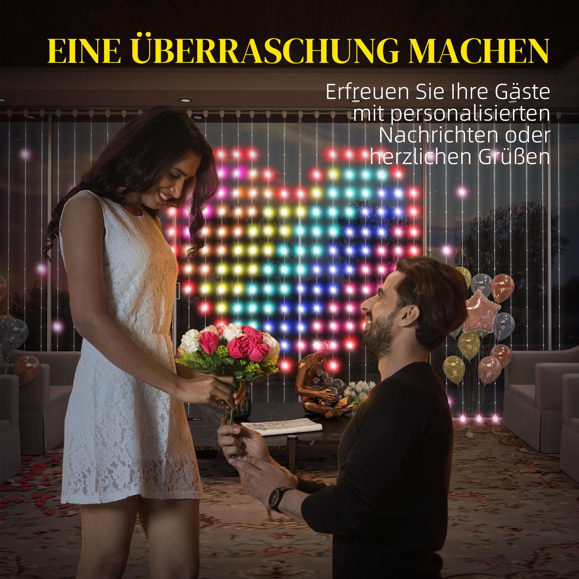 HOMCOM Lichterkette 3×3m 400 LEDs Lichtvorhang Verstellbare Helligkeit | Musik-Synchronisation, Szenenmodi, Timerfunktion, Lichterkettenvorhang, Innen Außen, IP44, Hochzeit, Party, Weihnachten