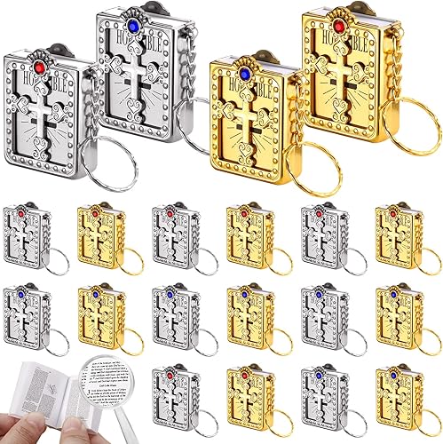 16 piezas mini llavero de la Biblia, pequeño llavero religioso de Jesús religioso, regalo cristiano para bautismo, iglesia, comunión con lupa, 4