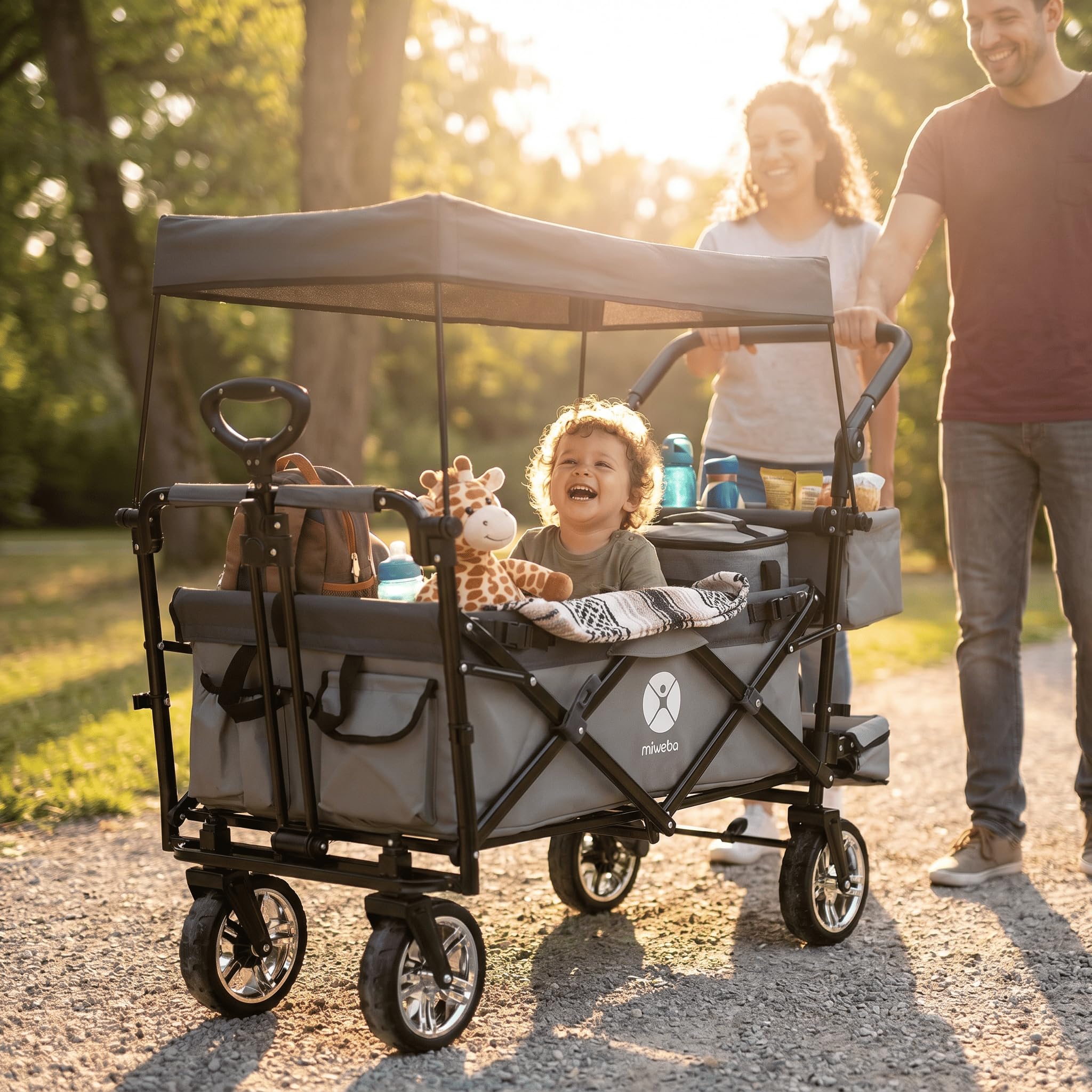 Miweba Chariot pour Enfants MB-20 - Chariot Pliable - Système de Harnais à 2X 3 Points - Frein de Stationnement - Roues en Caoutchouc Dur - Pare-Soleil avec Protection UV (LSF25)