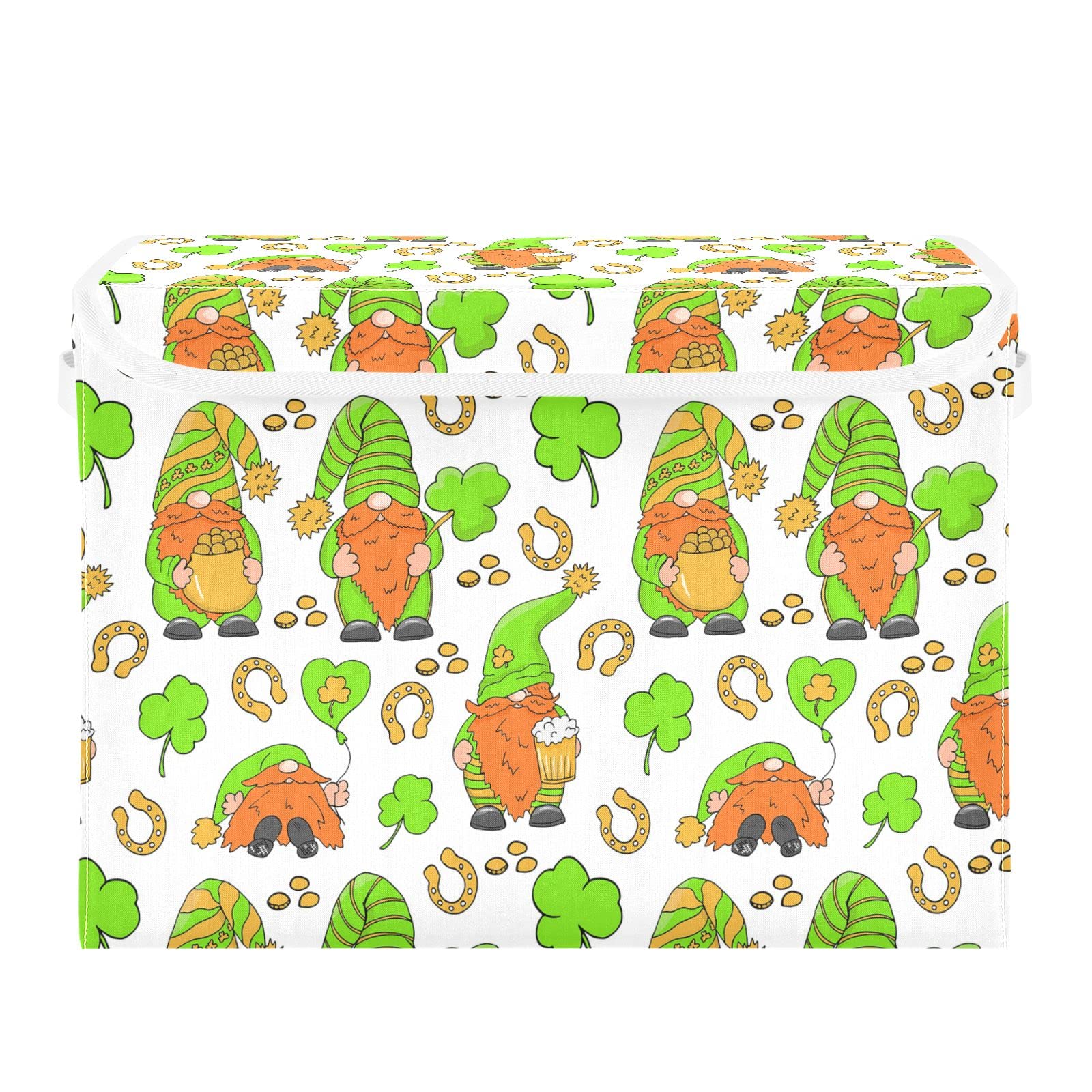 Oyihfvs Scandinavian Gnomes St. Patrick's Day Green Shamrock Foldable Cube Storage Basket Collapsible Fabric with Lidded Sturdy Handles Organizer Box for Home Bedroom 16.5 x 12.6 x 11.8 in