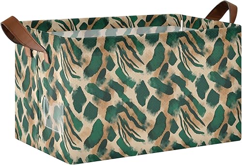 Tigers Fur Print Gold and Cyan Sturdy Storage Basket Foldable Bin with Handles Makeup Books Shelves Living Room for Closet Organizer Shelf Cabinet